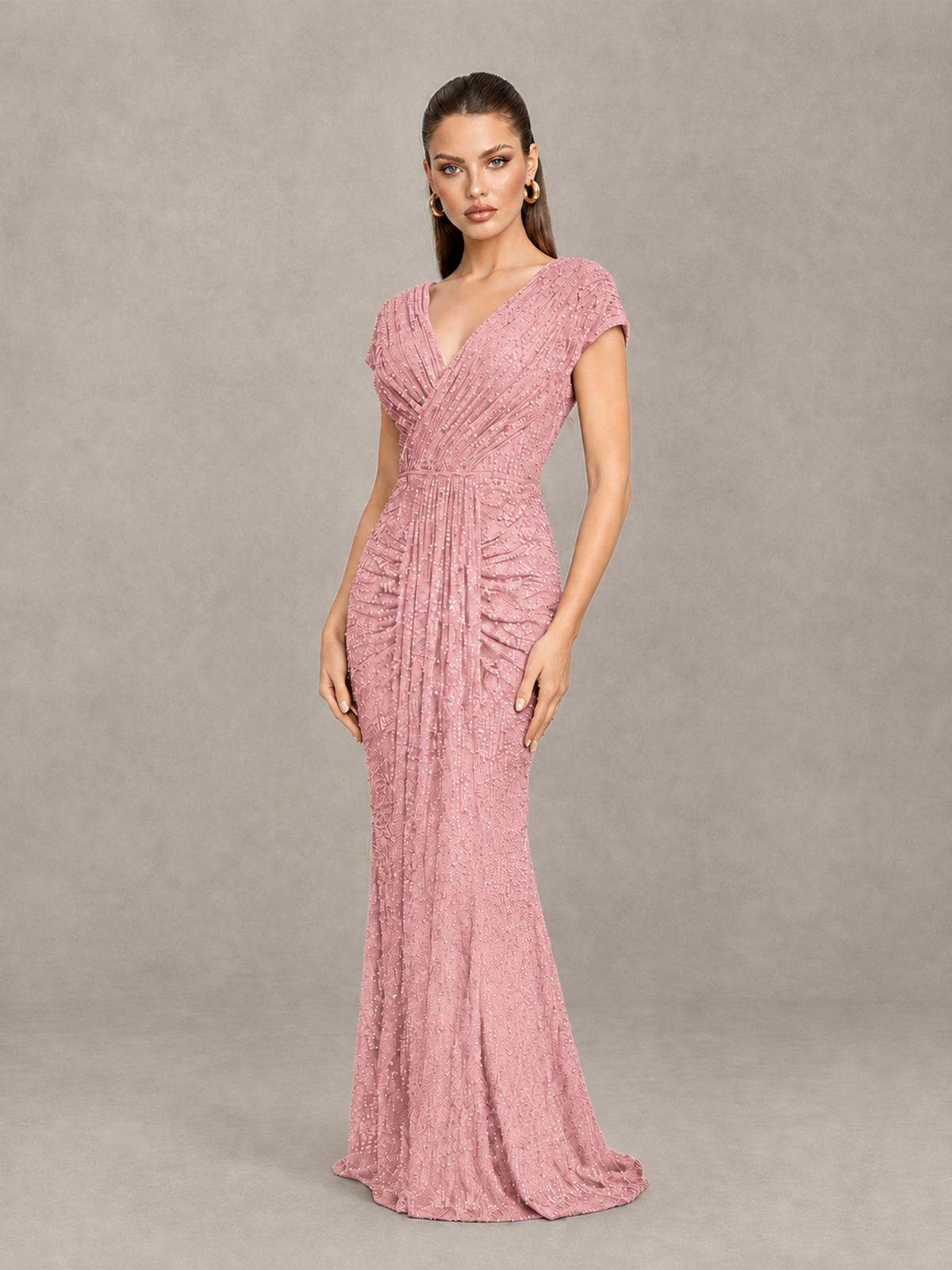 BOLODOO Blush Pink Glitter V-Neck Cap Sleeve Ruched Mermaid Evening Gown - Blush Pink - Blush Pink_3