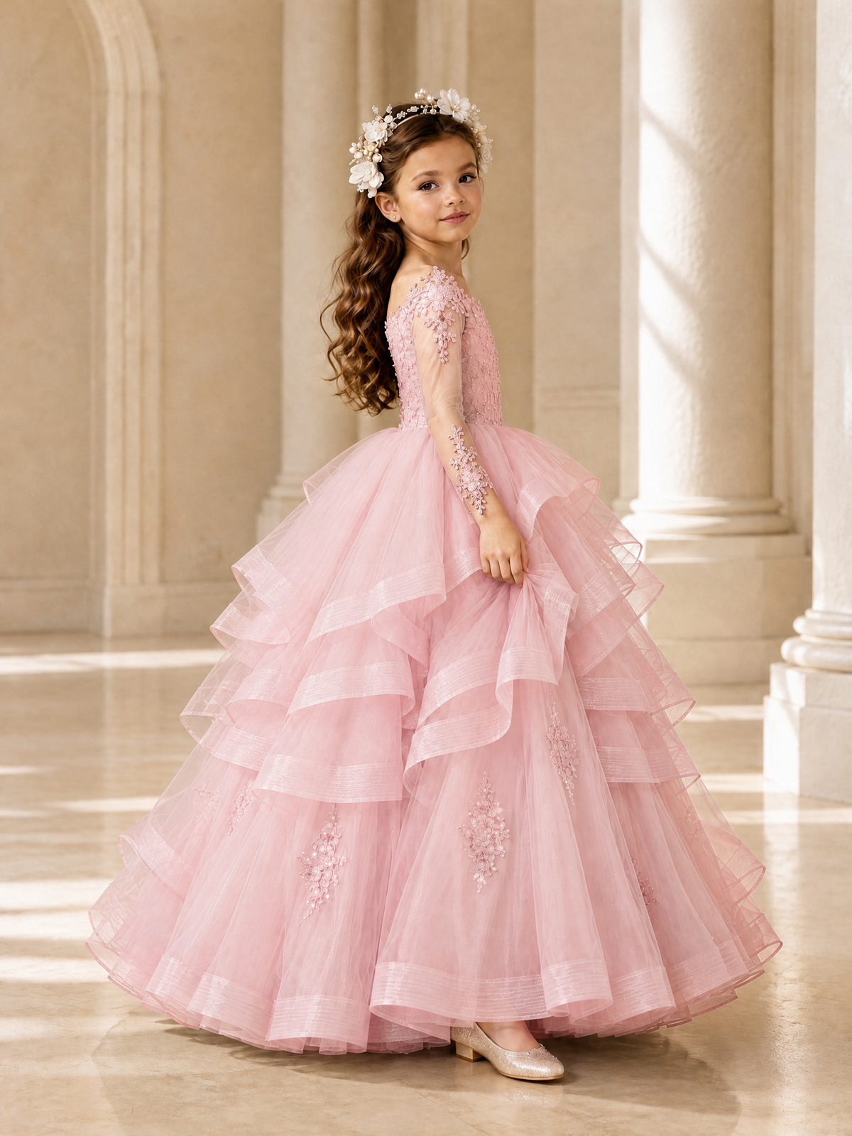 BOLODOO Blush Pink Lace Long Sleeve Tiered Flower Girl Dress - Blush Pink - Blush_Pink_3