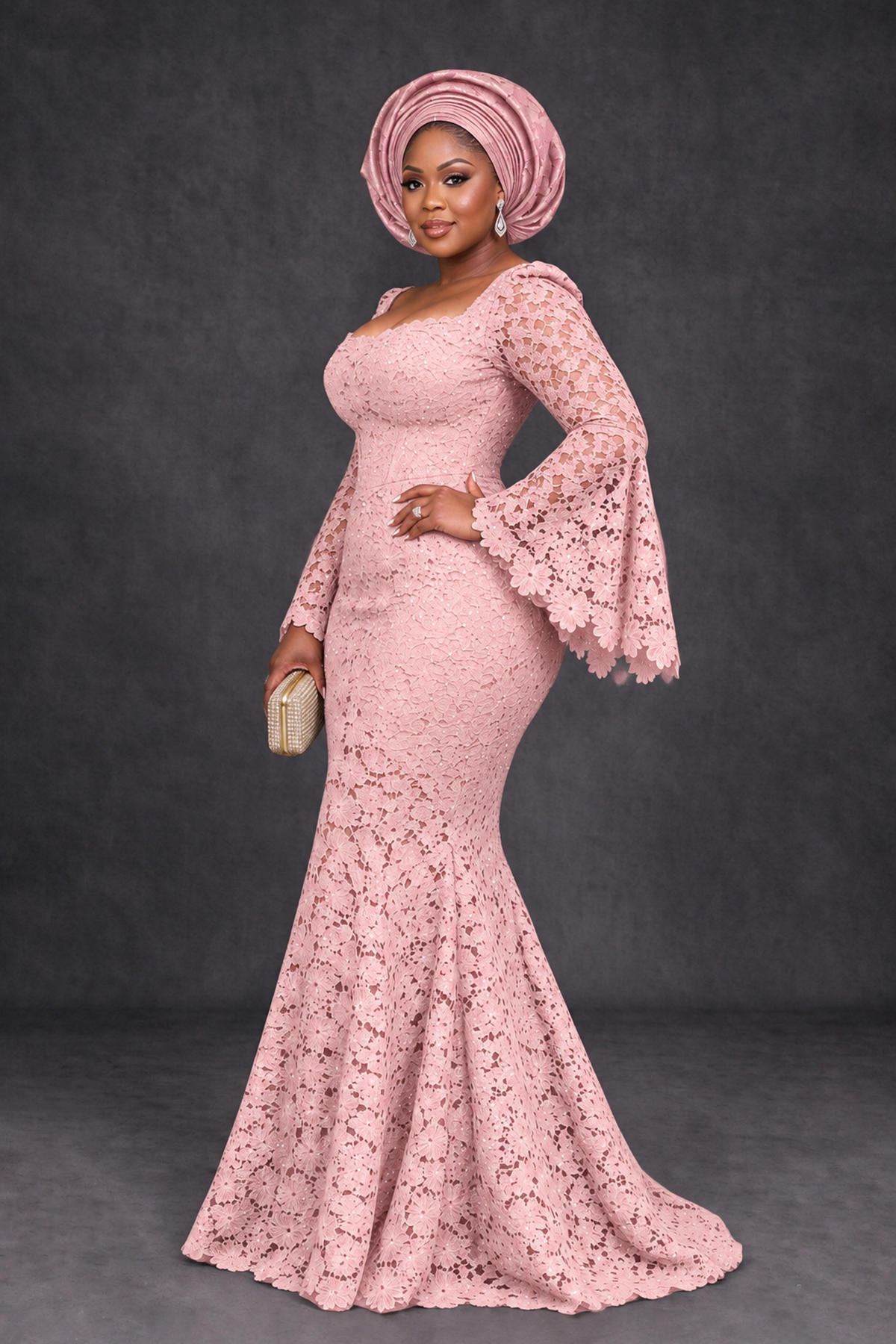 BOLODOO Blush Pink African Lace Mermaid Dress, Plus Size Nigerian Wedding Guest Gown with Bell Sleeves - Blush Pink - Blush Pink_3