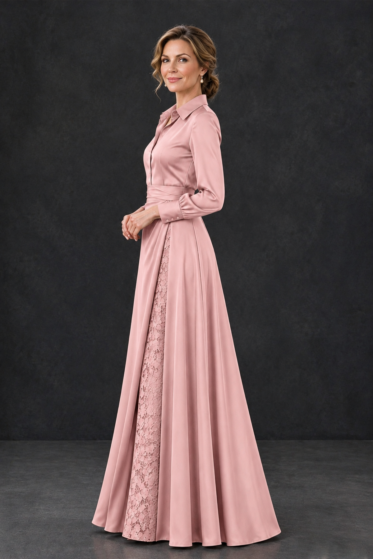 BOLODOO Blush Pink Long Sleeve Satin-Look Lace Panel Gown - Blush Pink - Blush Pink_3