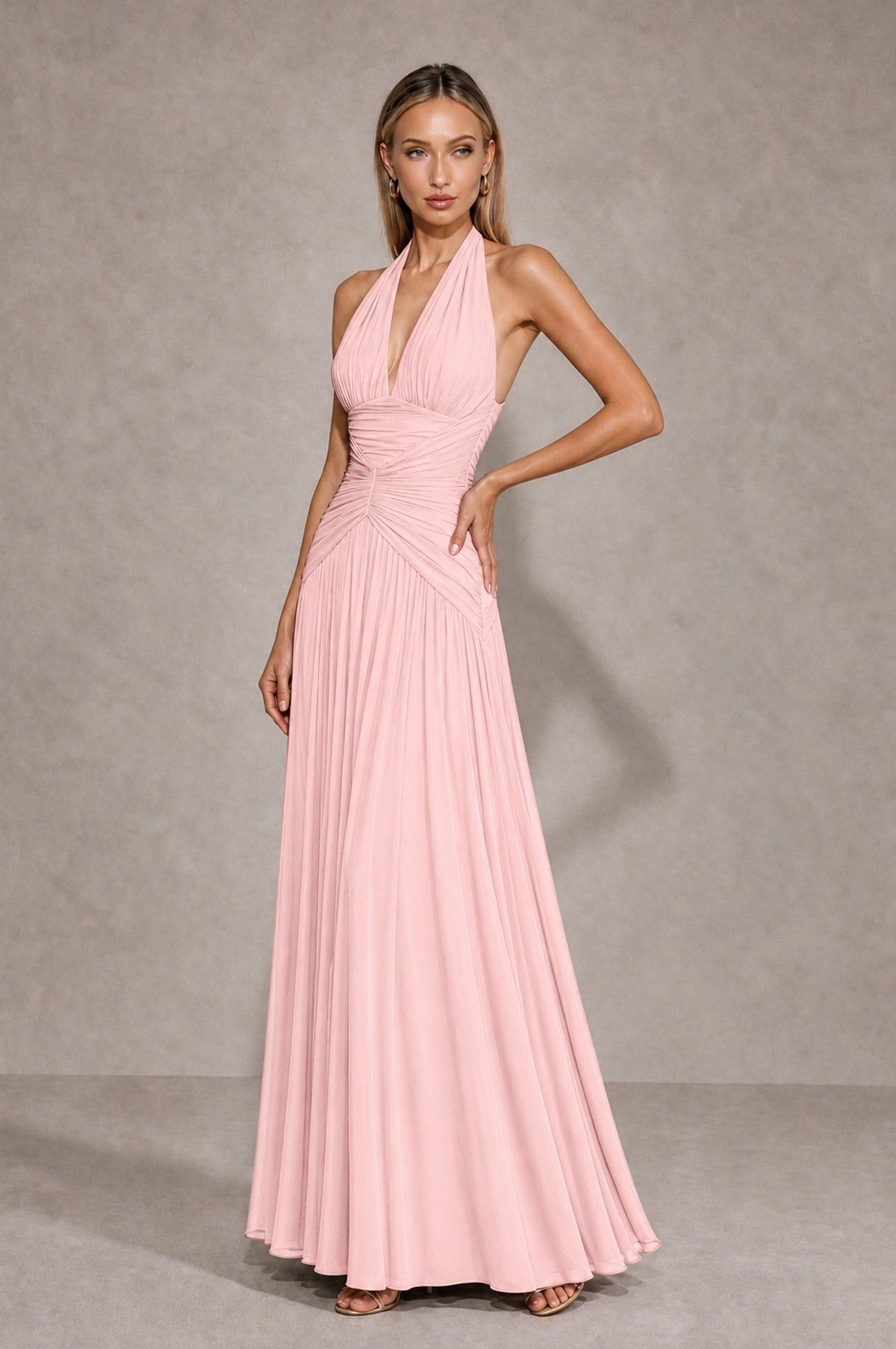 BOLODOO Blush Pink Chiffon Halter Deep V-Neck Ruched A-Line Backless Maxi Dress with Train-BD0167 - Blush Pink - Blush Pink_3
