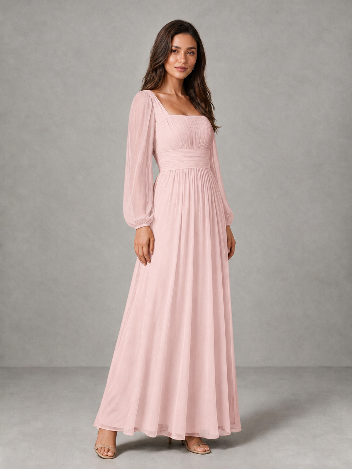 BOLODOO Blush Pink Square Neck Long Sleeve Chiffon Bridesmaid Dress - Blush Pink - Blush Pink_3