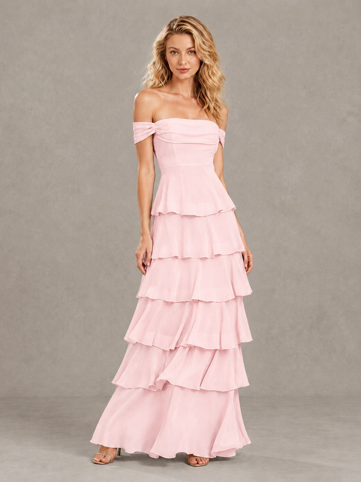 BOLODOO Blush Pink Off-Shoulder Tiered Ruffle Bridesmaid Dress with Lace-Up Back - Blush Pink - Blush Pink_3