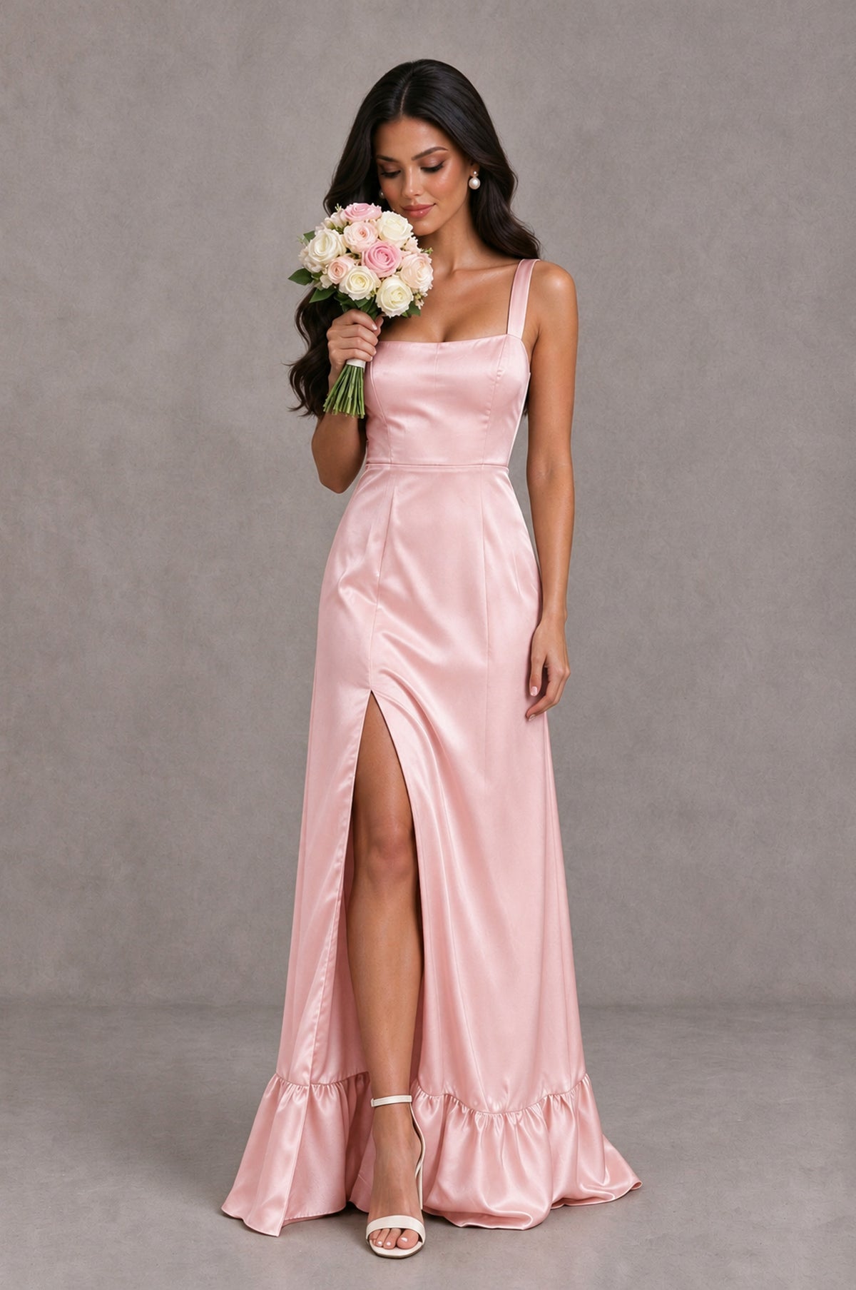 BOLODOO Blush Pink Square Neck Satin Evening Dress with Lace-Up Back and High Slit - Blush Pink - Blush Pink_3