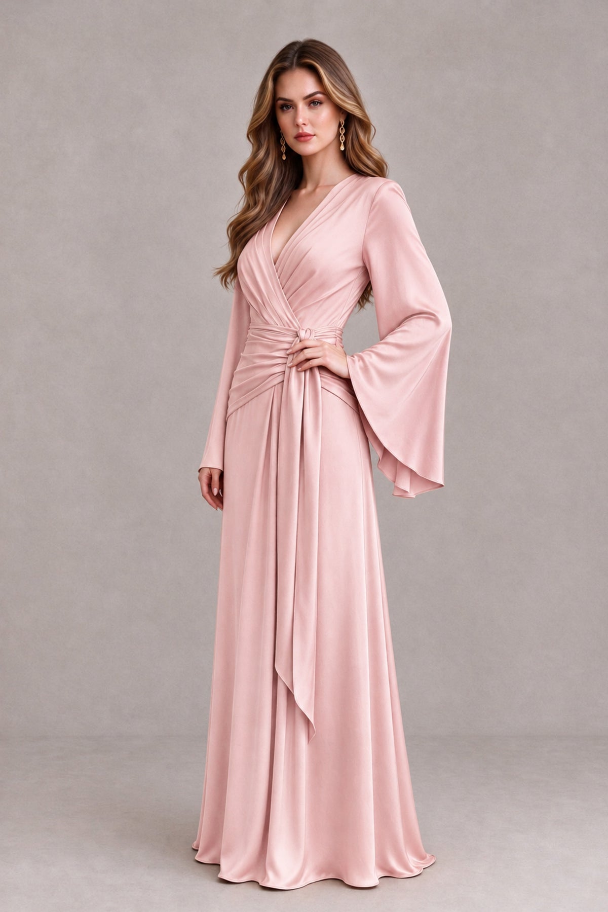 BOLODOO Blush Pink Yellow Satin-Look V-Neck Long Bell Sleeve Evening Dress - Blush Pink - Blush_Pink_3