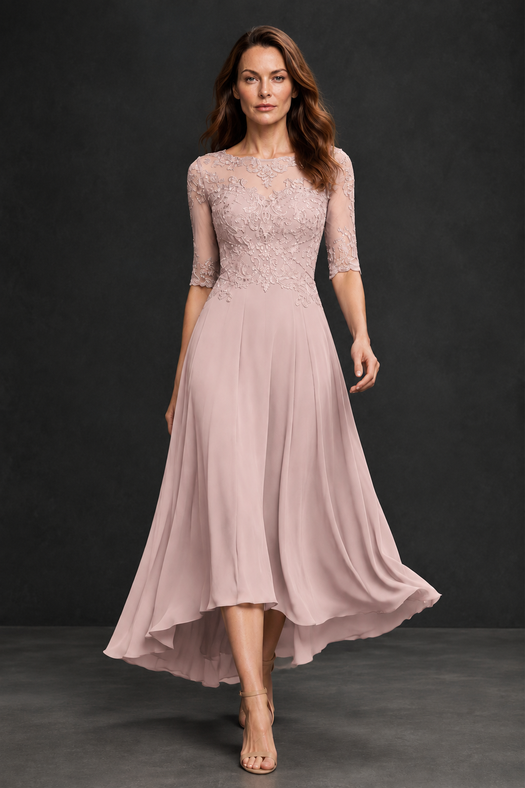 BOLODOO Blush Pink Illusion Lace 3/4 Sleeve Hi-Lo Chiffon A-Line Dress | Mother of the Bride Tea Length Dress - Blush Pink