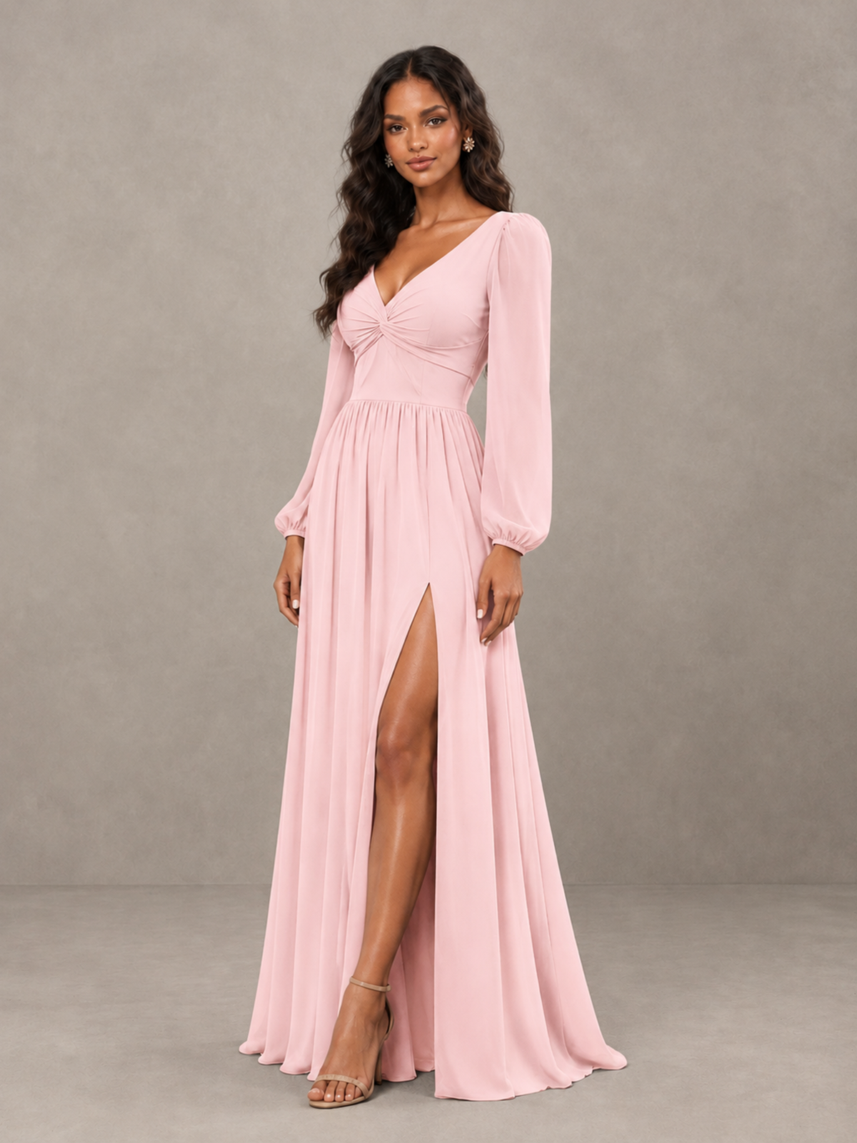 BOLODOO Blush Pink V-Neck Long Sleeve Bridesmaid Dress with Tie Back and Slit - Blush Pink - Blush Pink_3