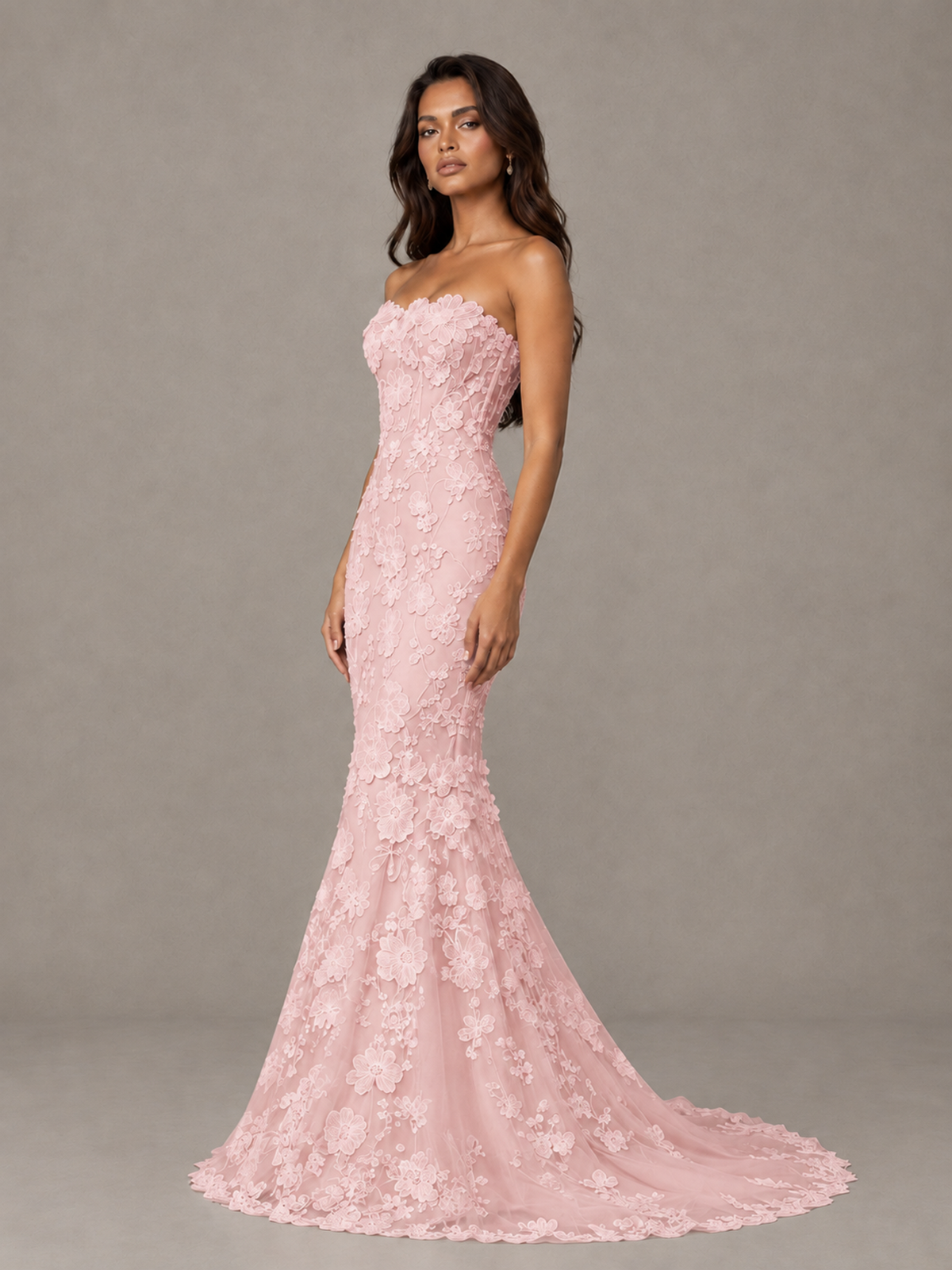 BOLODOO Blush Pink Strapless 3D Floral Lace Mermaid Prom Dress with Train - Blush Pink - Blush Pink_3