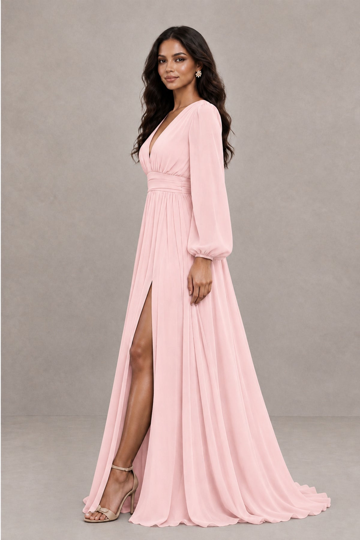 BOLODOO Blush Pink Long Sleeve V-Neck A-Line Gown with Open Back & Slit - Blush Pink - Blush Pink_3