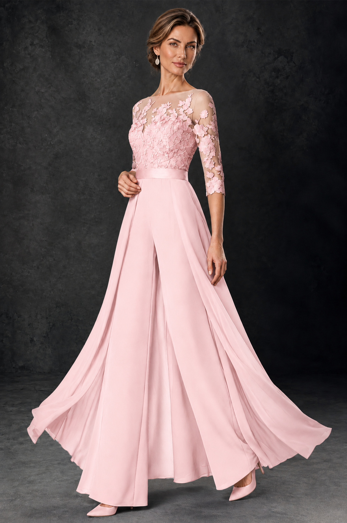 BOLODOO Blush Pink Lace Wide-Leg Jumpsuit with Three-Quarter Sleeves - Blush Pink - Blush_Pink_3