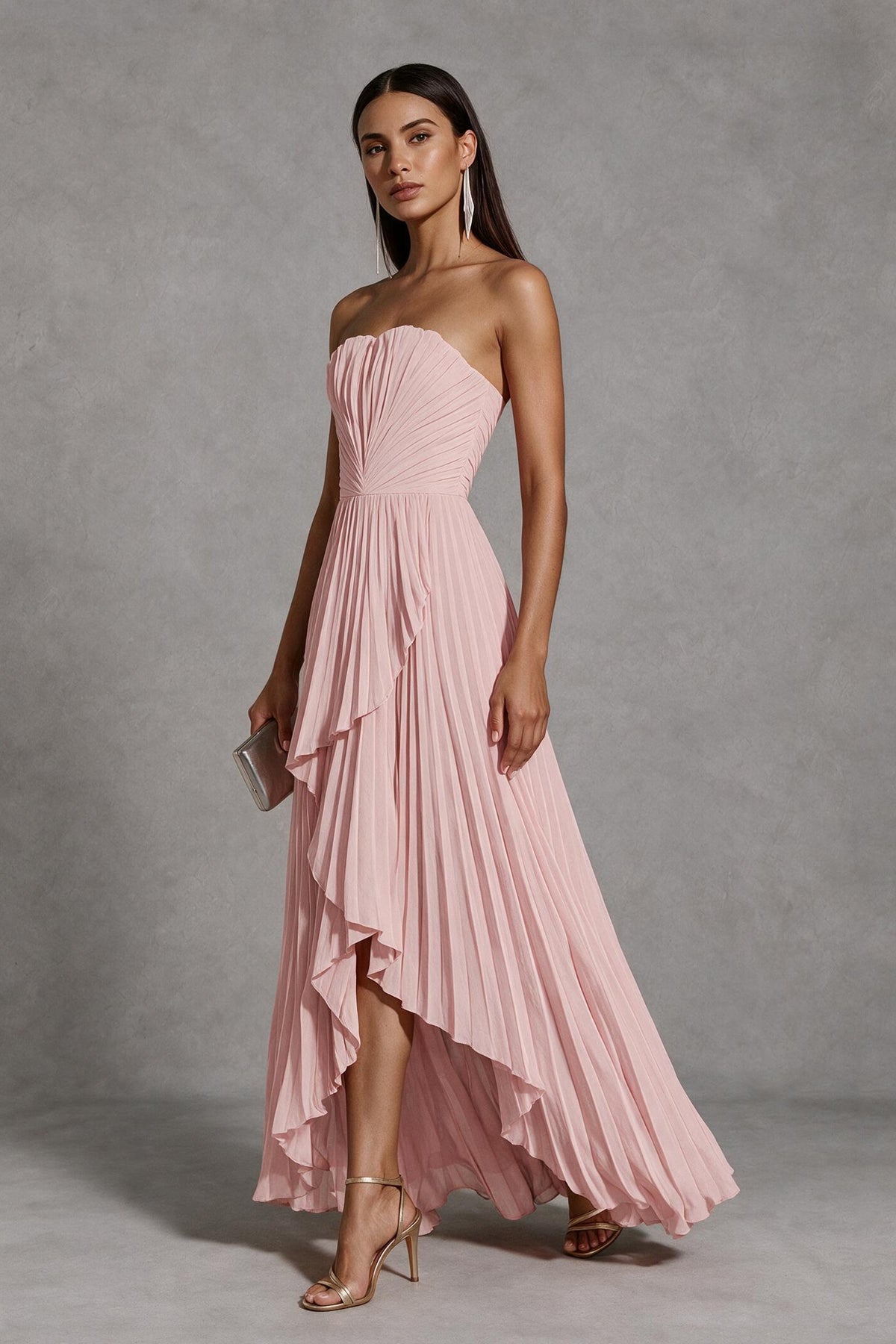 Blush Pink Strapless Pleated High-Low Evening Gown with Ruffle Hem - Blush Pink