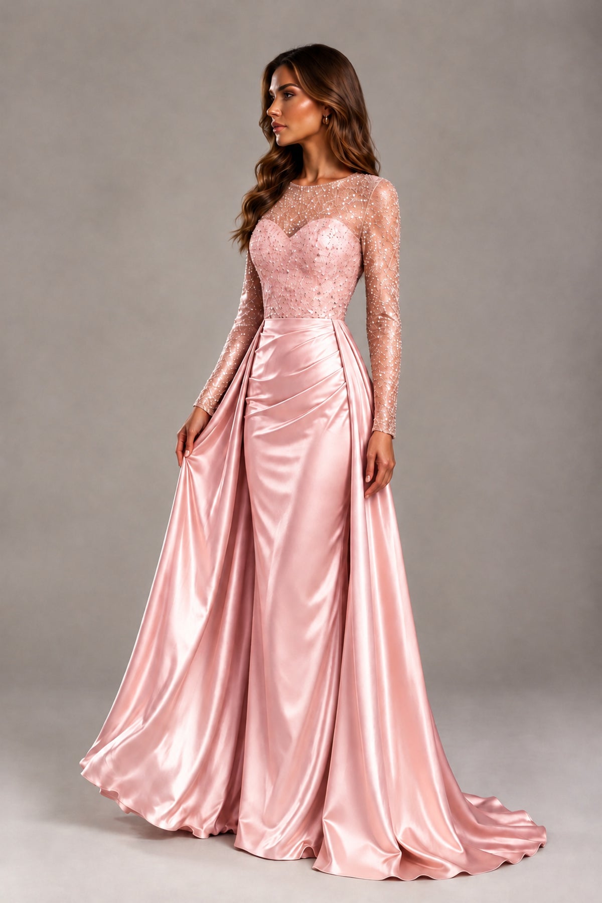 BOLODOO Blush Pink Long Sleeve Embellished Satin Evening Gown with Sweep Train - Blush Pink - Blush Pink_3
