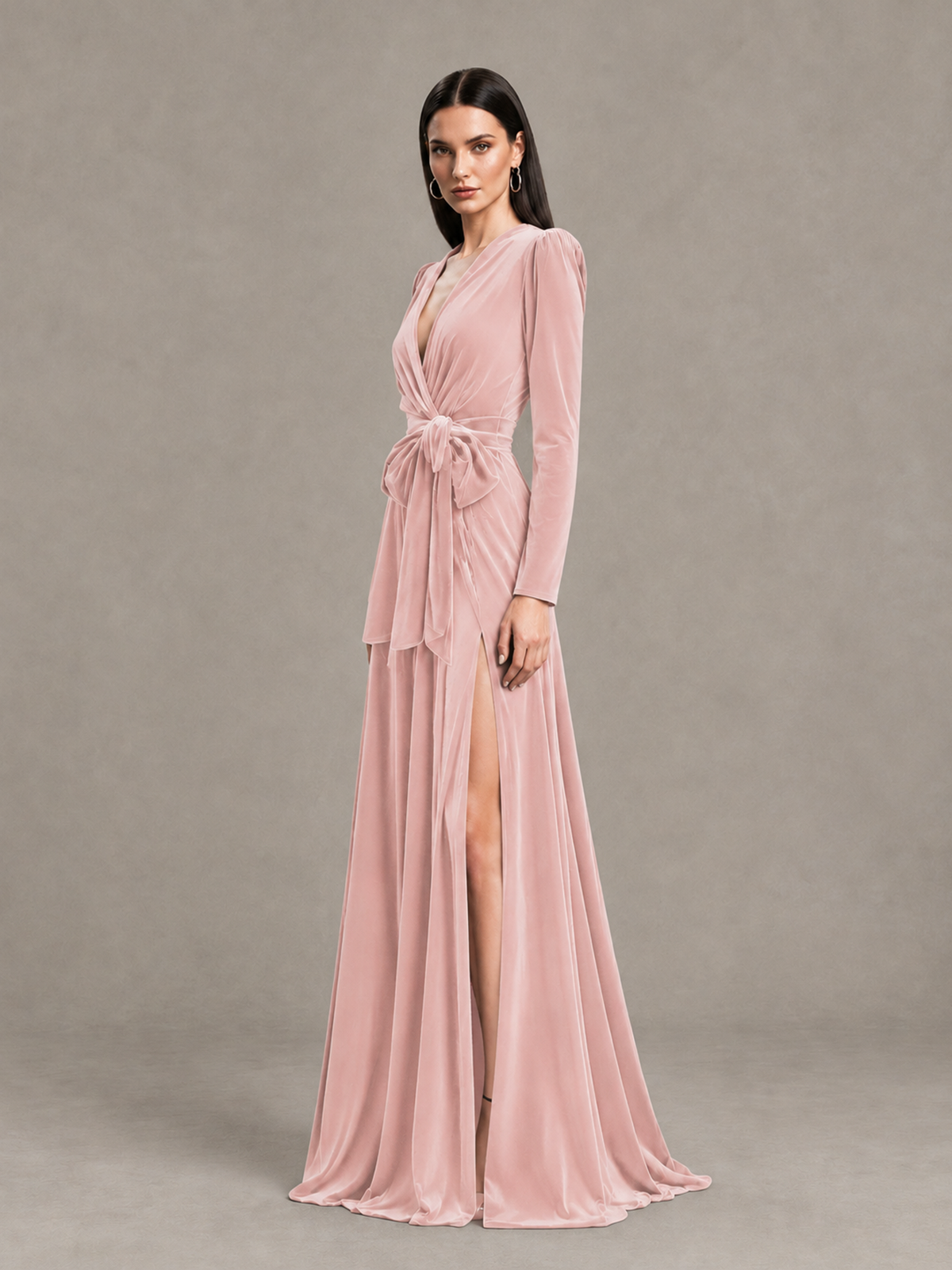 BOLODOO Blush Pink Long Sleeve Velvet-Look Evening Dress with High Slit - Blush Pink - Blush Pink_3