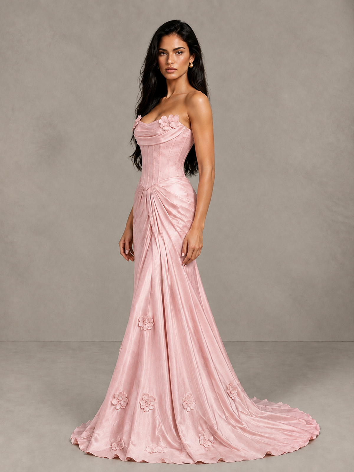 BOLODOO Blush Pink Strapless Floral Corset Evening Gown with Train - Blush Pink - Blush Pink_3