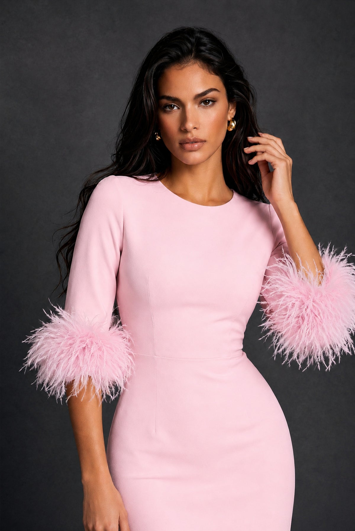 BOLODOO Blush Pink Ostrich Feather Cuff 3/4 Sleeve Round Neck Bodycon Midi Dress with Back Slit - Blush Pink