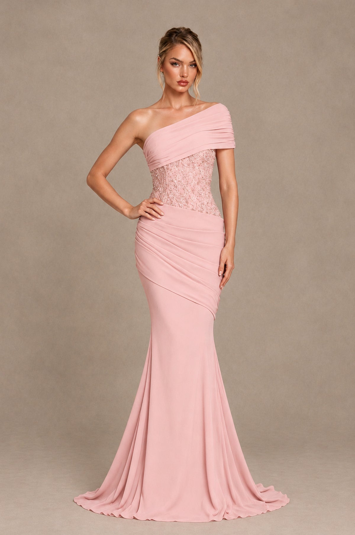 BOLODOO Blush Pink One-Shoulder Sequin Embroidered Ruched Mermaid Gown with Train - Blush Pink - Blush Pink_3
