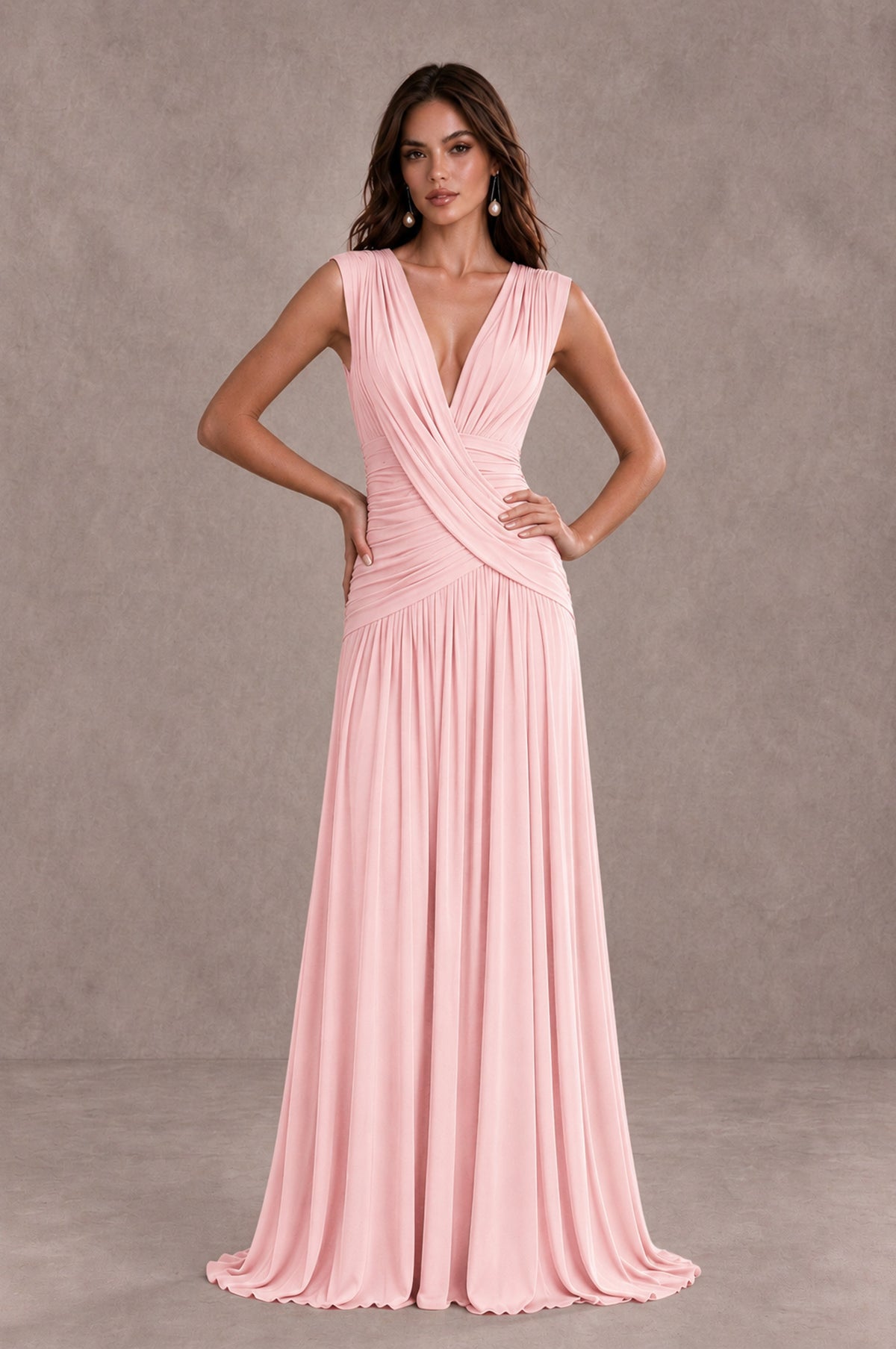 BOLODOO Blush Pink V-Neck Ruched Wedding Guest Dress - Blush Pink - Blush Pink_3