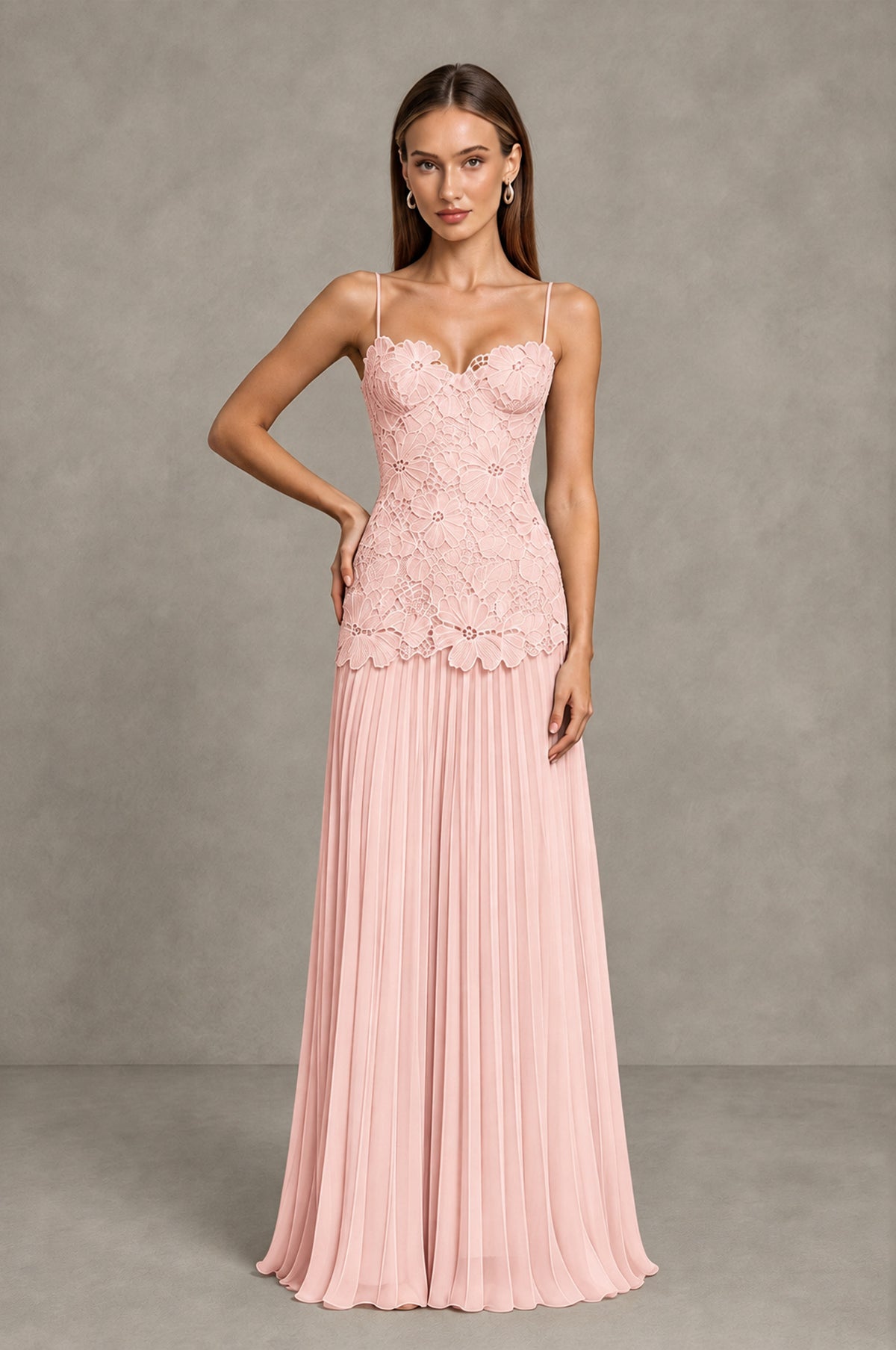 BOLODOO Blush Pink Lace Bodice Pleated Wedding Guest Dress - Blush Pink - Blush Pink_3