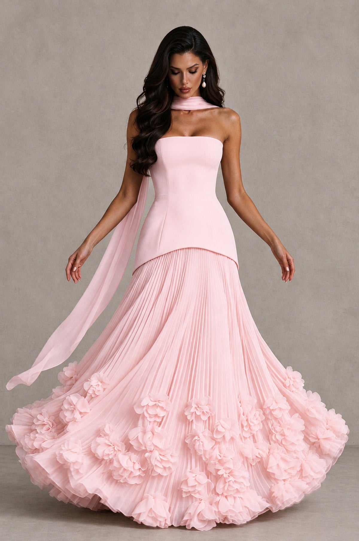 BOLODOO Blush Pink Strapless Pleated Floral Hem Evening Gown - Blush Pink - Blush Pink_3