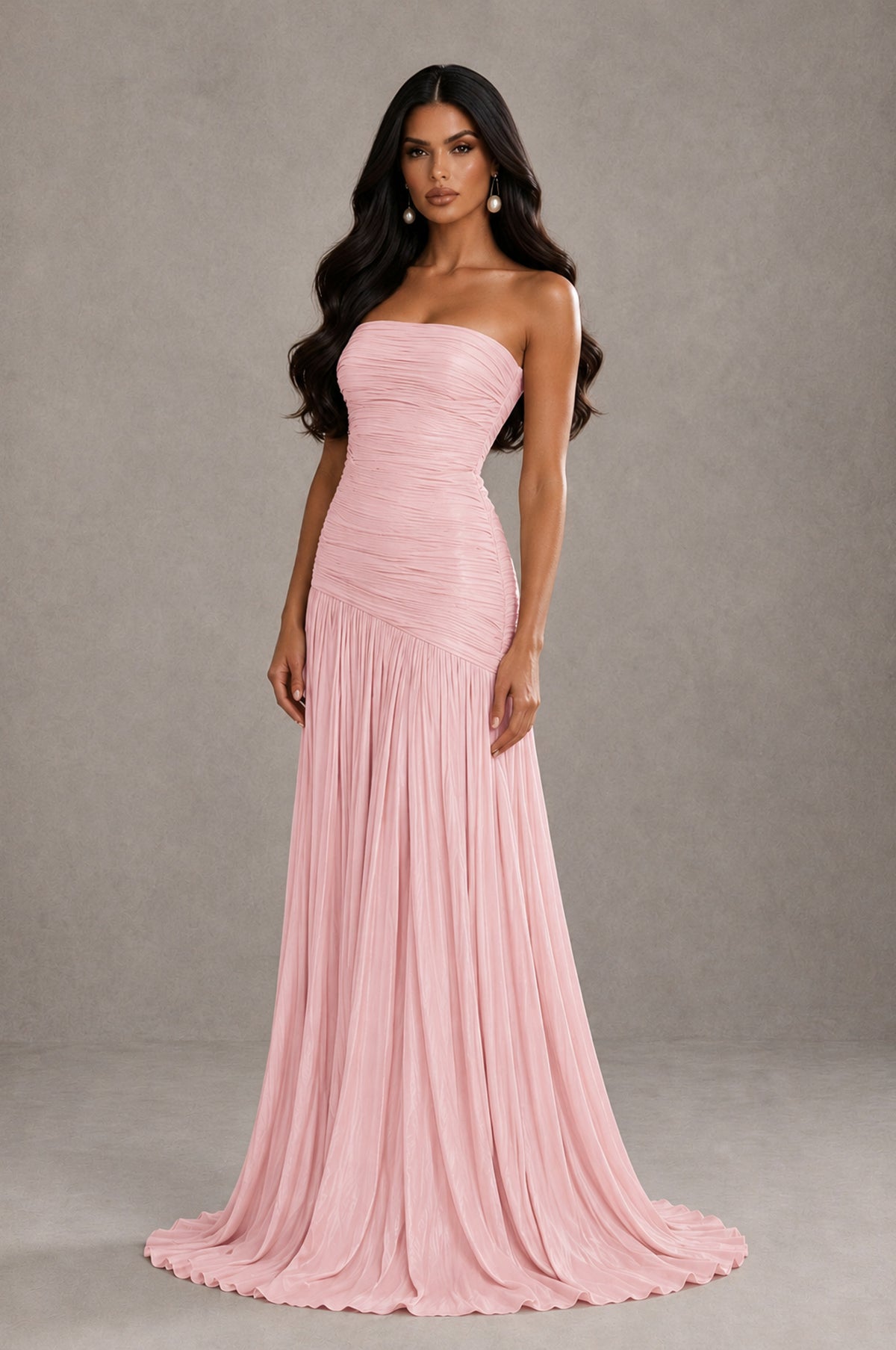 BOLODOO Blush Pink Metallic Ruched Strapless Pleated A-Line Backless Maxi Dress with Train - Blush Pink - Blush Pink_3
