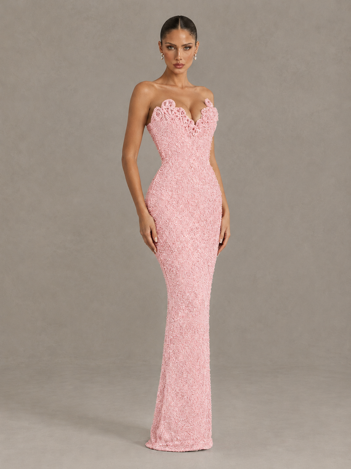 BOLODOO Blush Pink Strapless Sequin Evening Gown with Floral Neckline - Blush Pink - Blush Pink_3