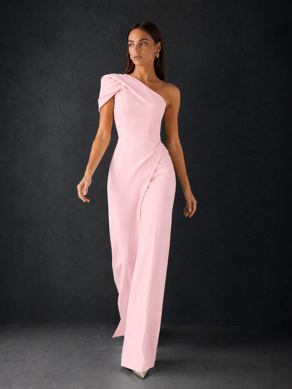 BOLODOO Blush Pink One-Shoulder Puff Sleeve Wide-Leg Jumpsuit with Front Slit and Open Back - Blush Pink