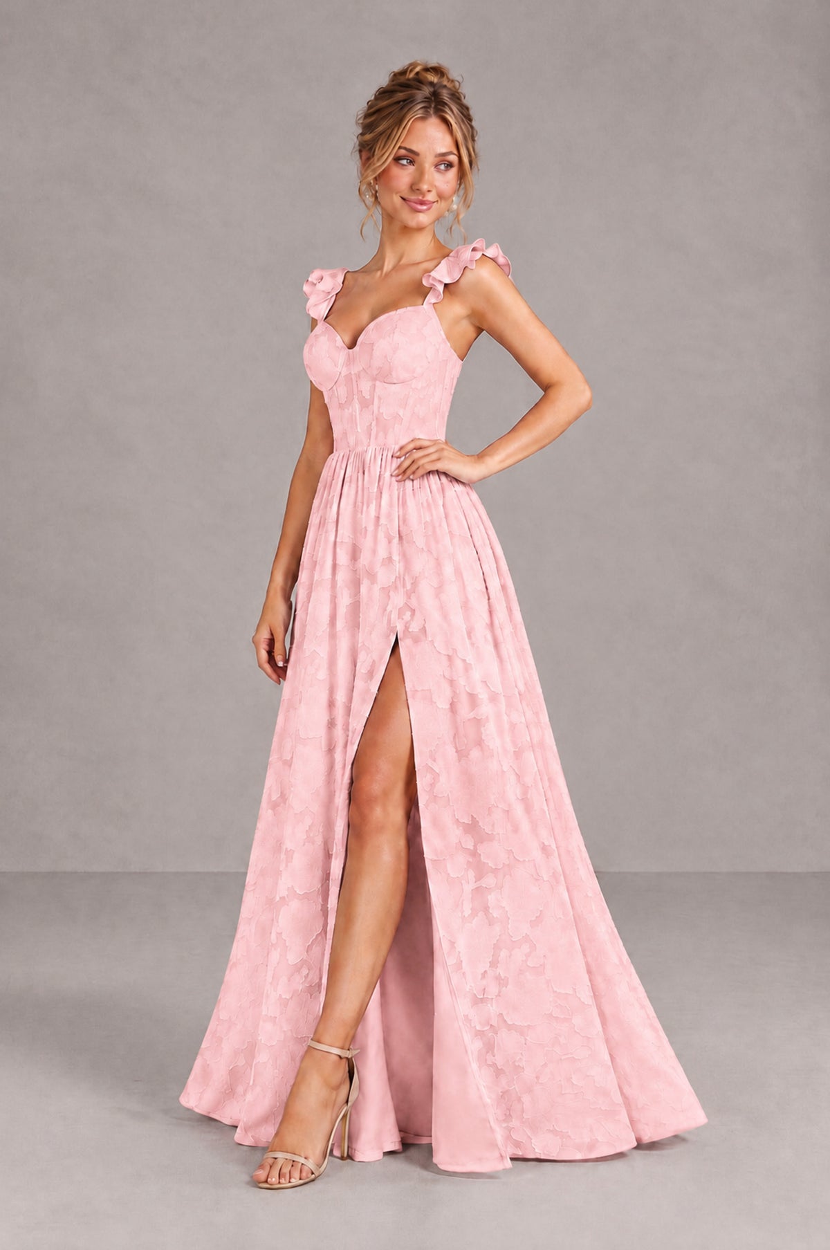 BOLODOO Blush Pink Floral A-Line Bridesmaid Dress with Slit Ruffle Straps Maxi Gown - Blush Pink - Blush Pink_3