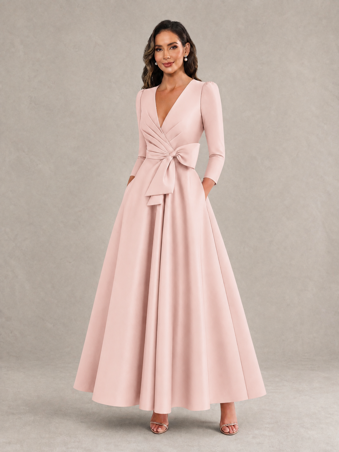 BOLODOO Blush Pink Satin Deep V-Neck Wrap 3/4 Puff Sleeve A-Line Ball Gown Maxi Dress with Oversized Bow Belt - Blush Pink