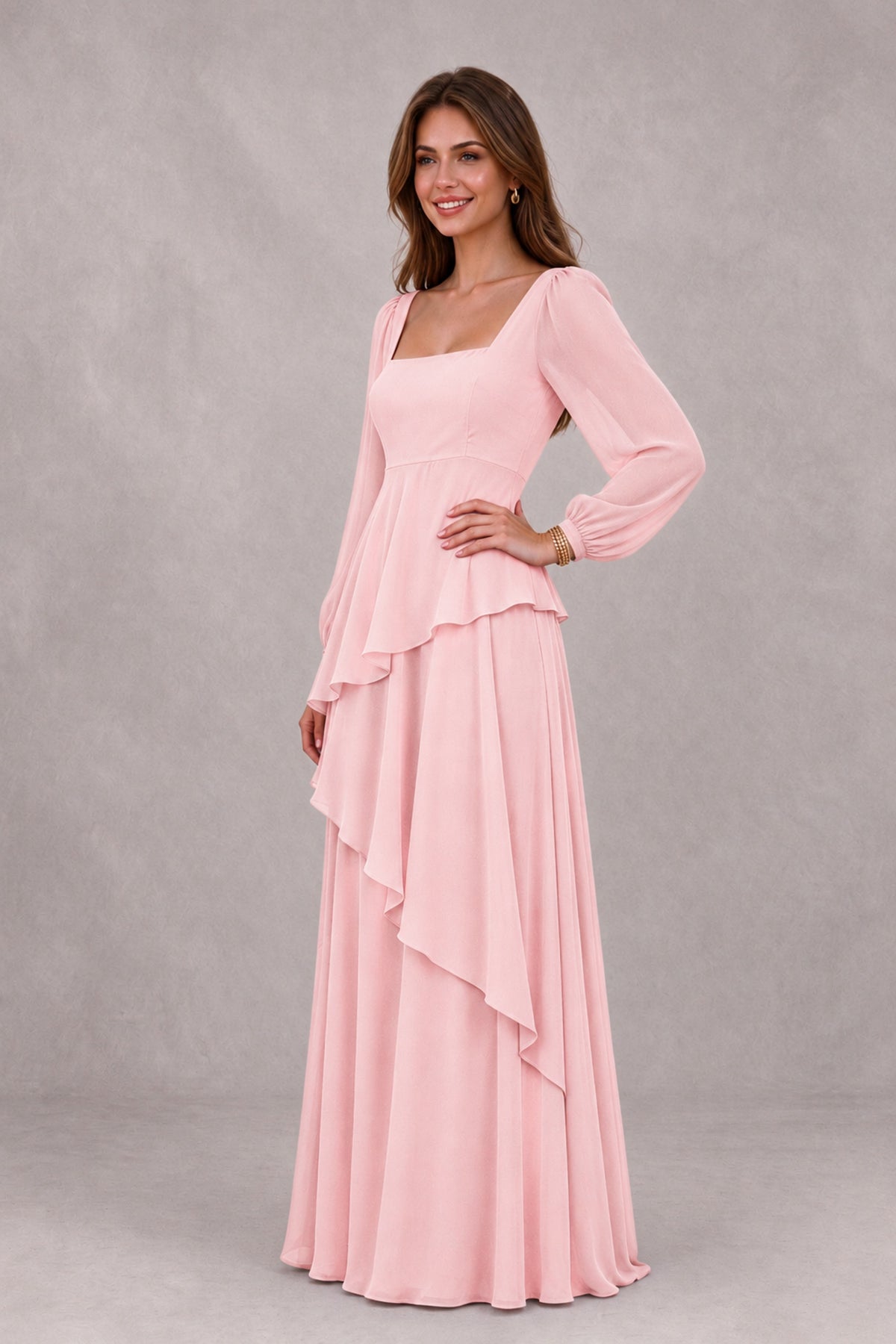 BOLODOO Blush Pink Long Sleeve Ruffle Bridesmaid Dresses - Blush Pink - Blush Pink_3