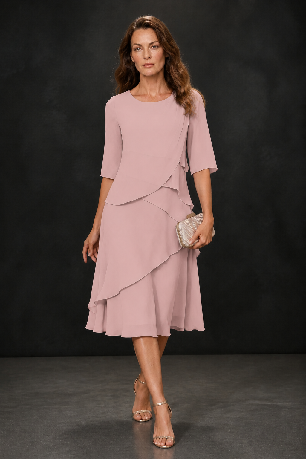 BOLODOO Blush Pink Chiffon 3/4 Sleeve Asymmetric Tiered Tea Length Dress | Mother of the Bride Midi Dress - Blush Pink