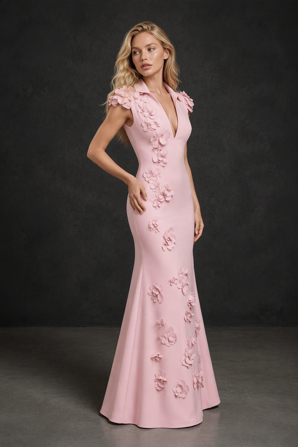 BOLODOO Blush Pink 3D Floral Appliqué Deep V-Neck Cap Sleeve Mermaid Gown - Blush Pink