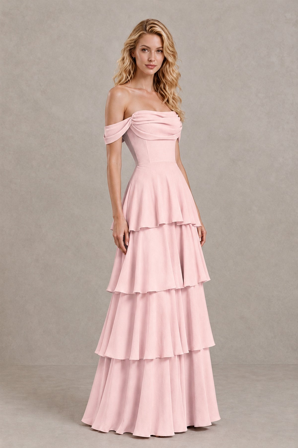 BOLODOO Blush Pink Off-the-Shoulder Tiered A-Line Evening Bridesmaid Dress - Blush Pink - Blush Pink_3