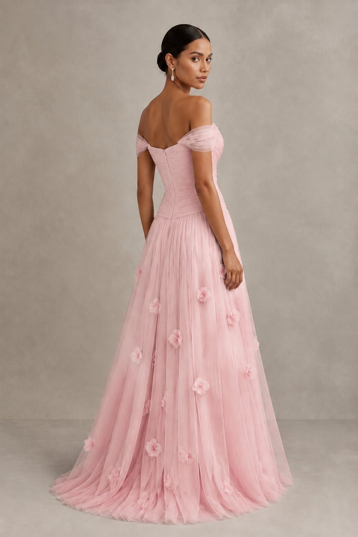 Blush Pink Off-Shoulder Sweetheart A-Line Tulle Gown with 3D Floral Appliques | BOLODOO - Blush Pink