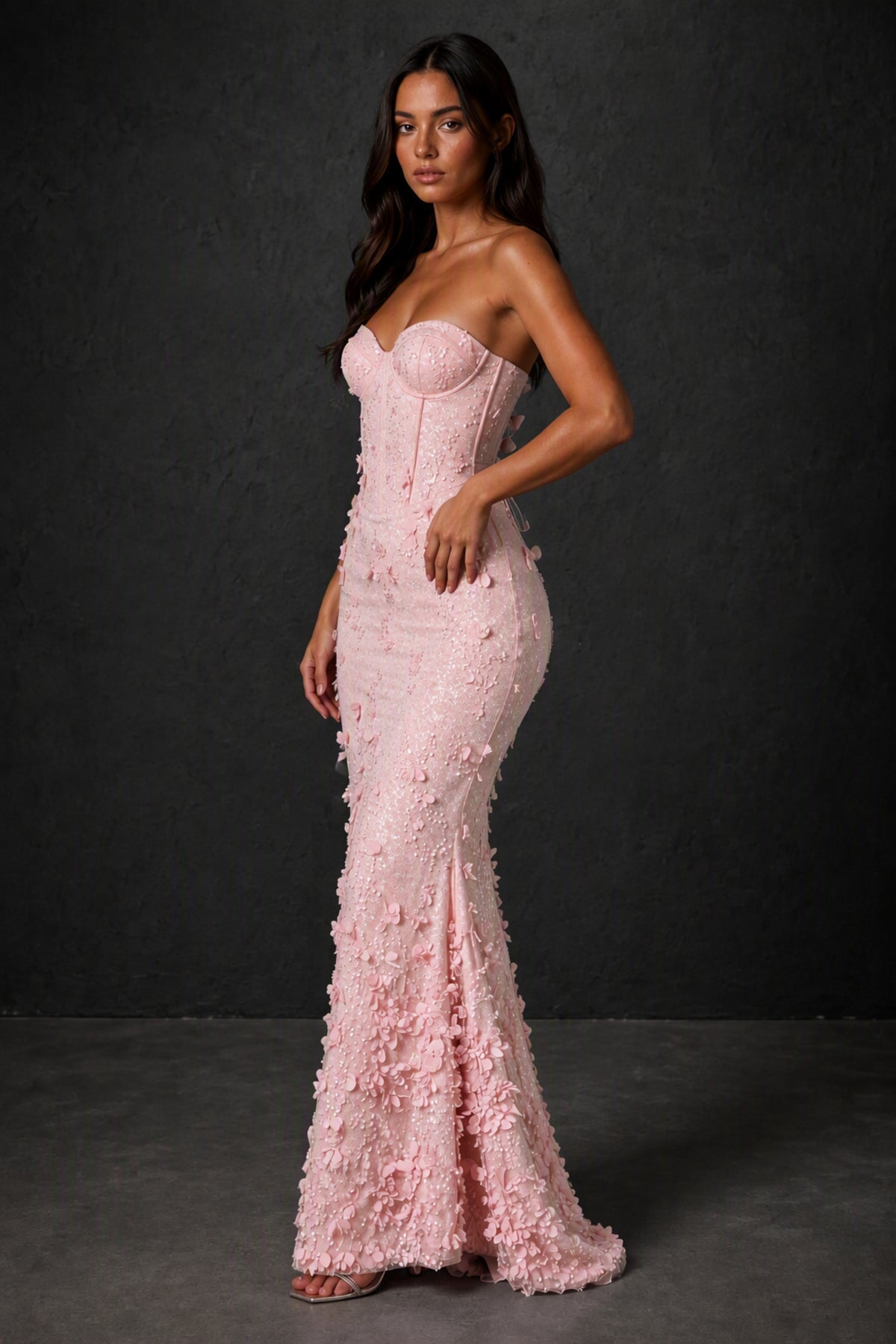 BOLODOO Blush Pink 3D Floral Sequin Corset Strapless Mermaid Gown - Blush Pink