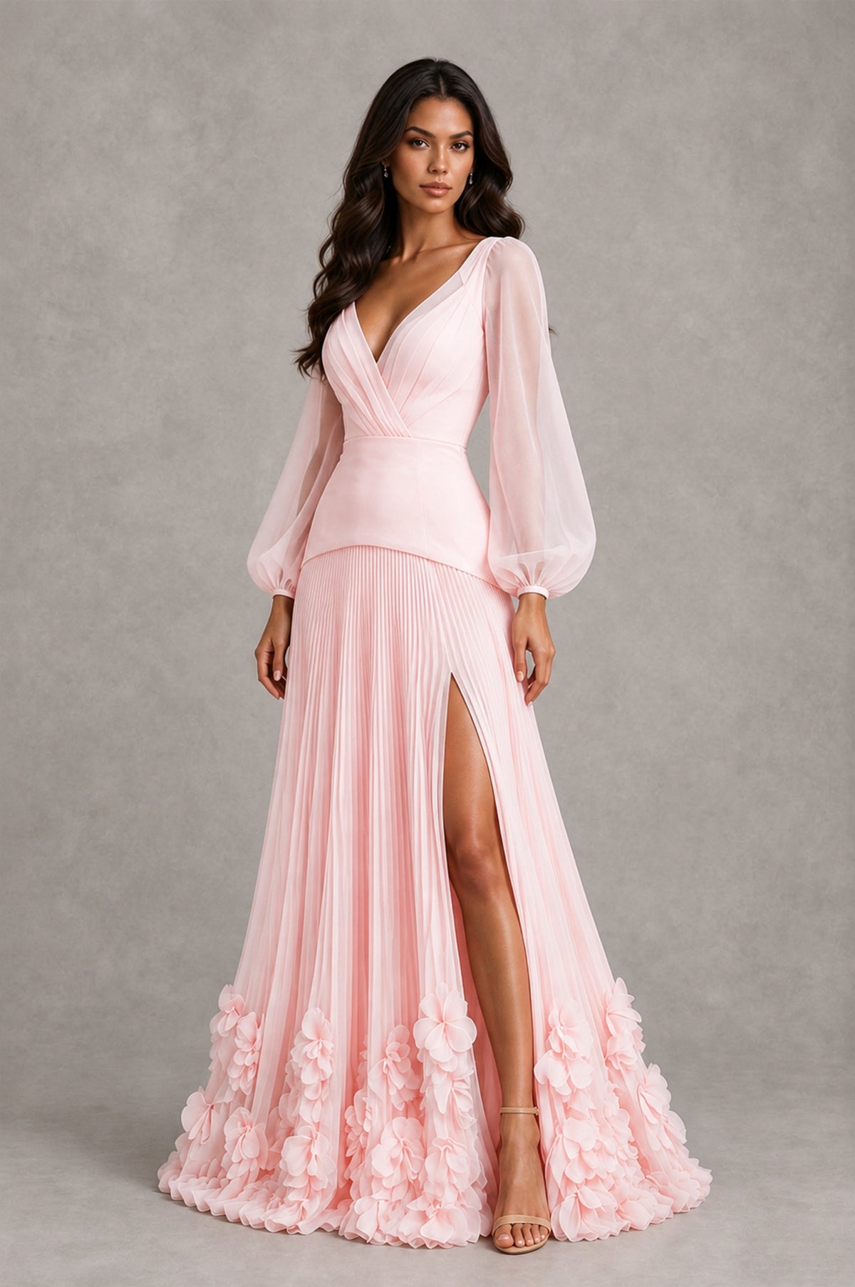 BOLODOO Blush Pink V-Neck Long Sleeve Pleated Floral Hem Evening Dress - Blush Pink - Blush Pink_3