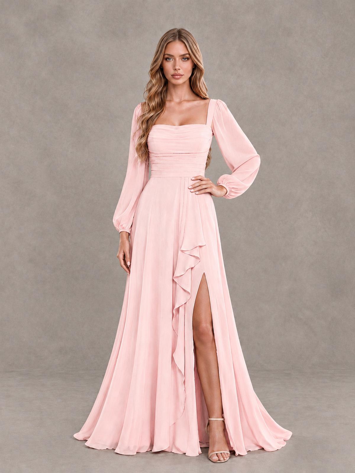 BOLODOO Blush Pink Square Neck Long Sleeve Bridesmaid Dress with Ruffle Slit - Blush Pink - Blush Pink_3