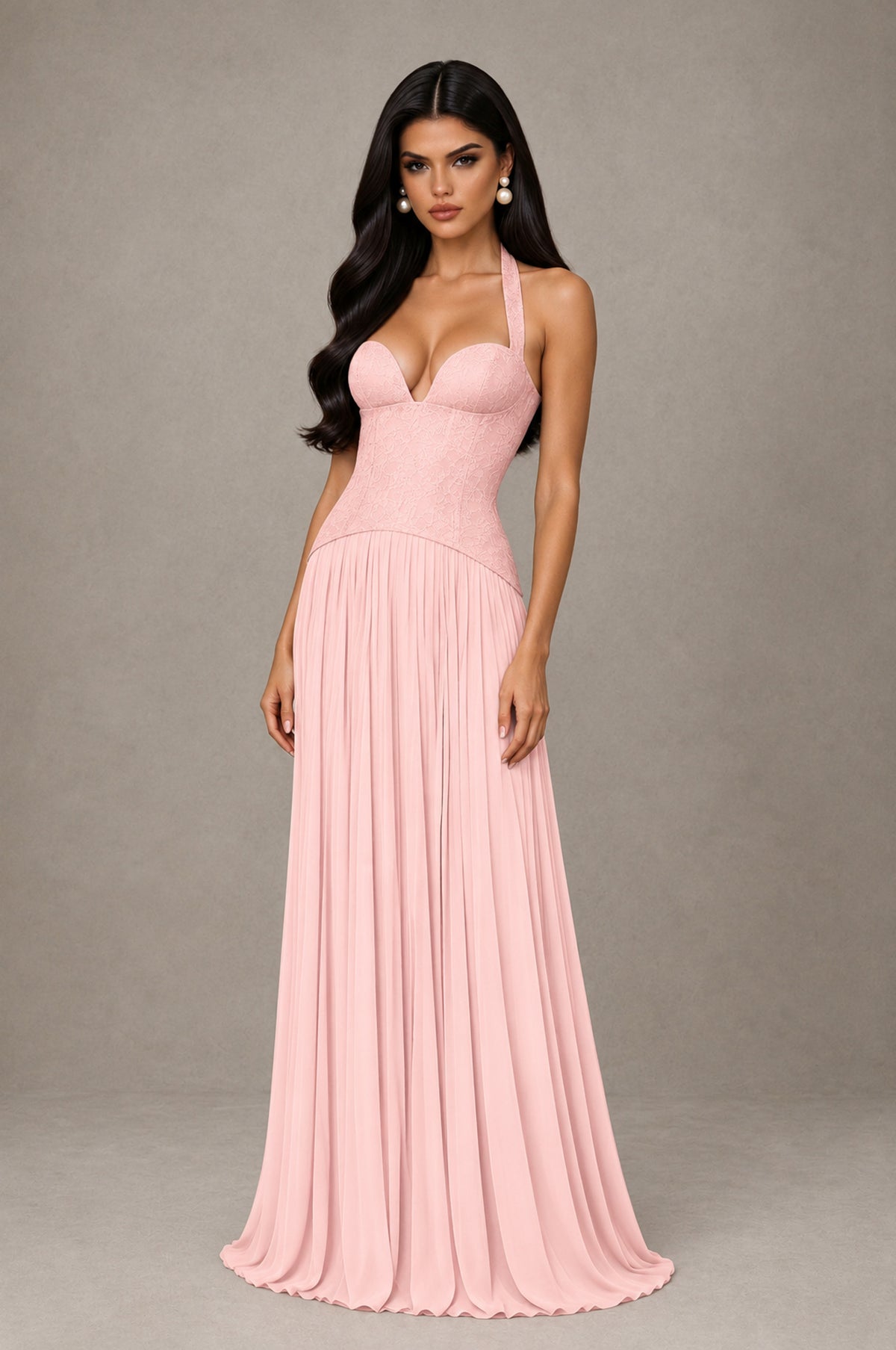 BOLODOO Blush Pink Halter Corset Pleated A-Line Evening Dress - Blush Pink - Blush Pink_3
