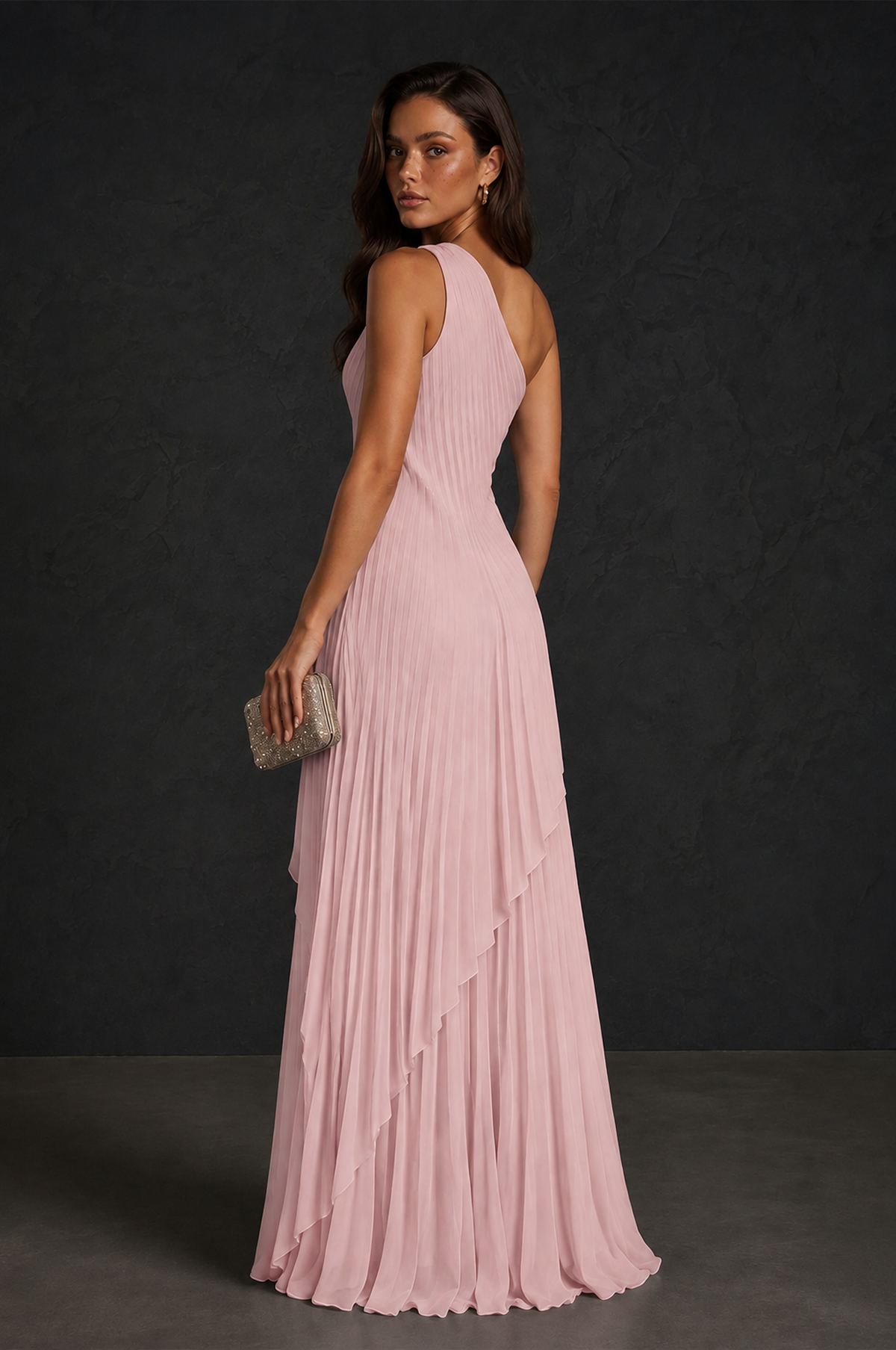 BOLODOO Blush Pink One-Shoulder Sunburst Pleated Asymmetric Layered Overlay Accordion Pleated Chiffon Maxi Dress - Blush Pink