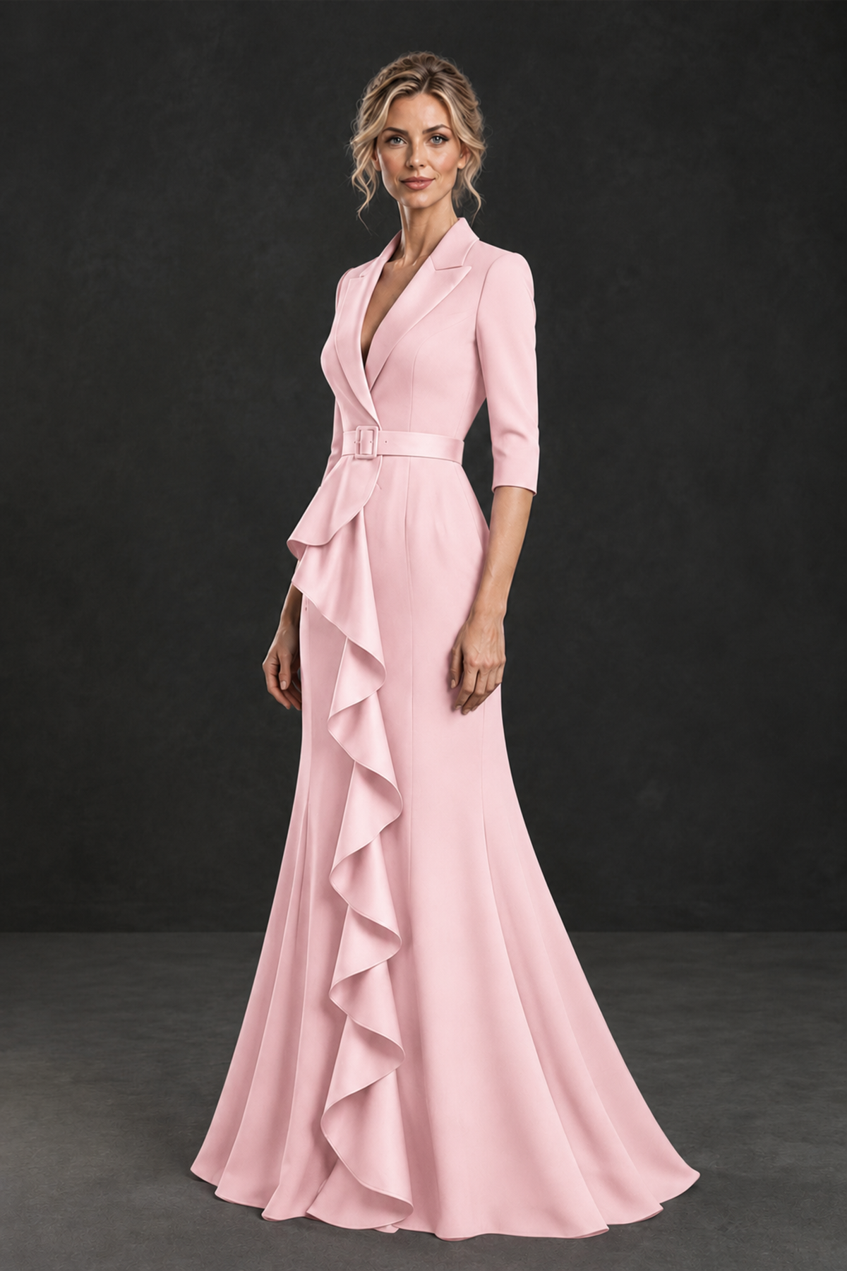 BOLODOO Blush Pink Lapel Ruffle Mother of the Bride Dress with Belt - Blush Pink - Blush Pink_3