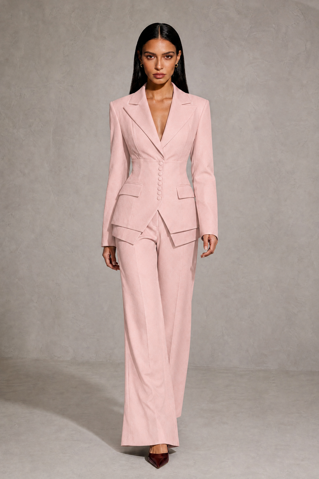 BOLODOO Blush Pink Cinched Waist Blazer and Wide Leg Pants Two Piece Suit Set - Blush Pink
