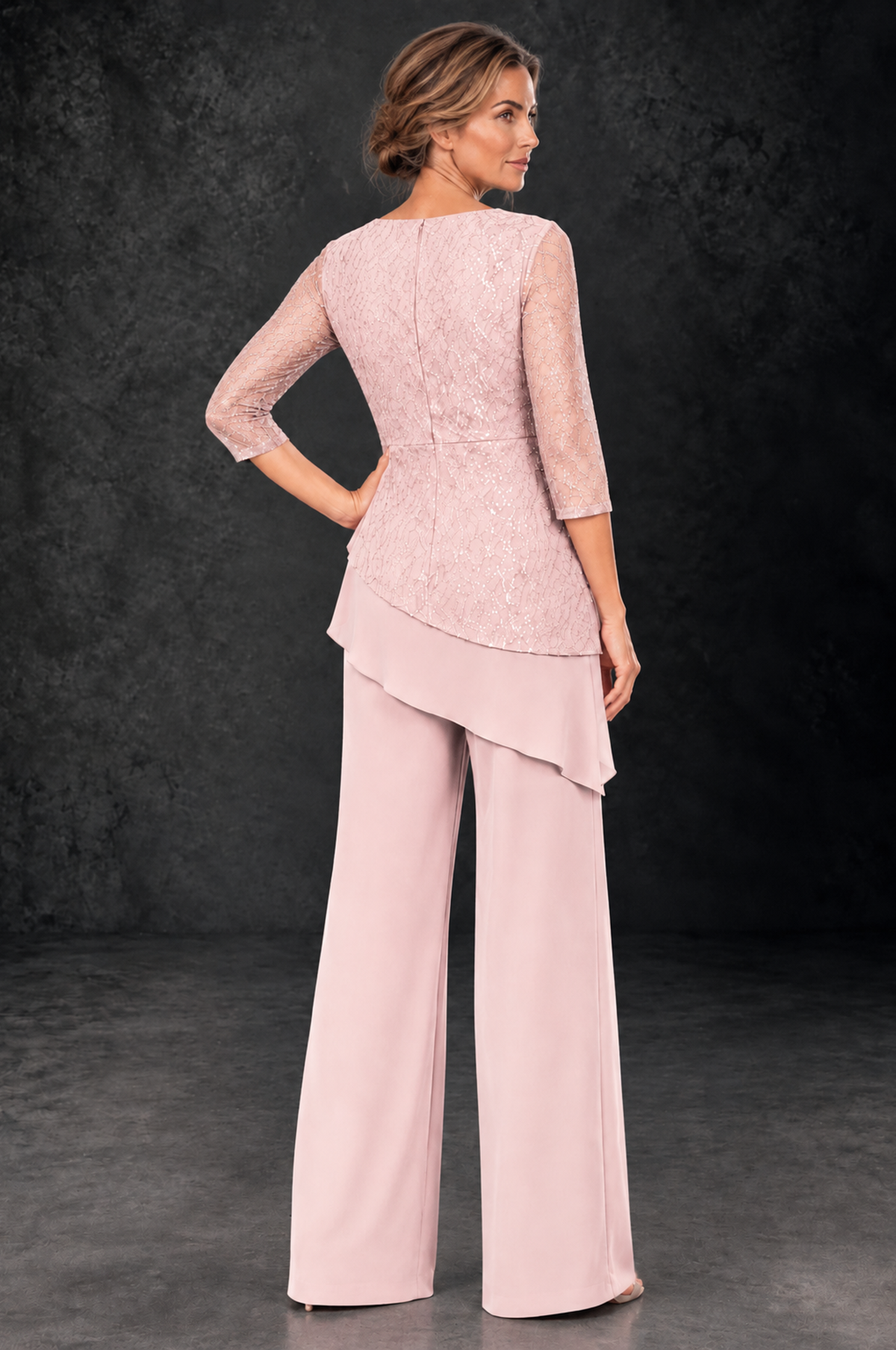 BOLODOO Blush Pink Sequin Lace 3/4 Sleeve Chiffon Mother of the Bride Pant Suit - Blush Pink - Blush_Pink_3