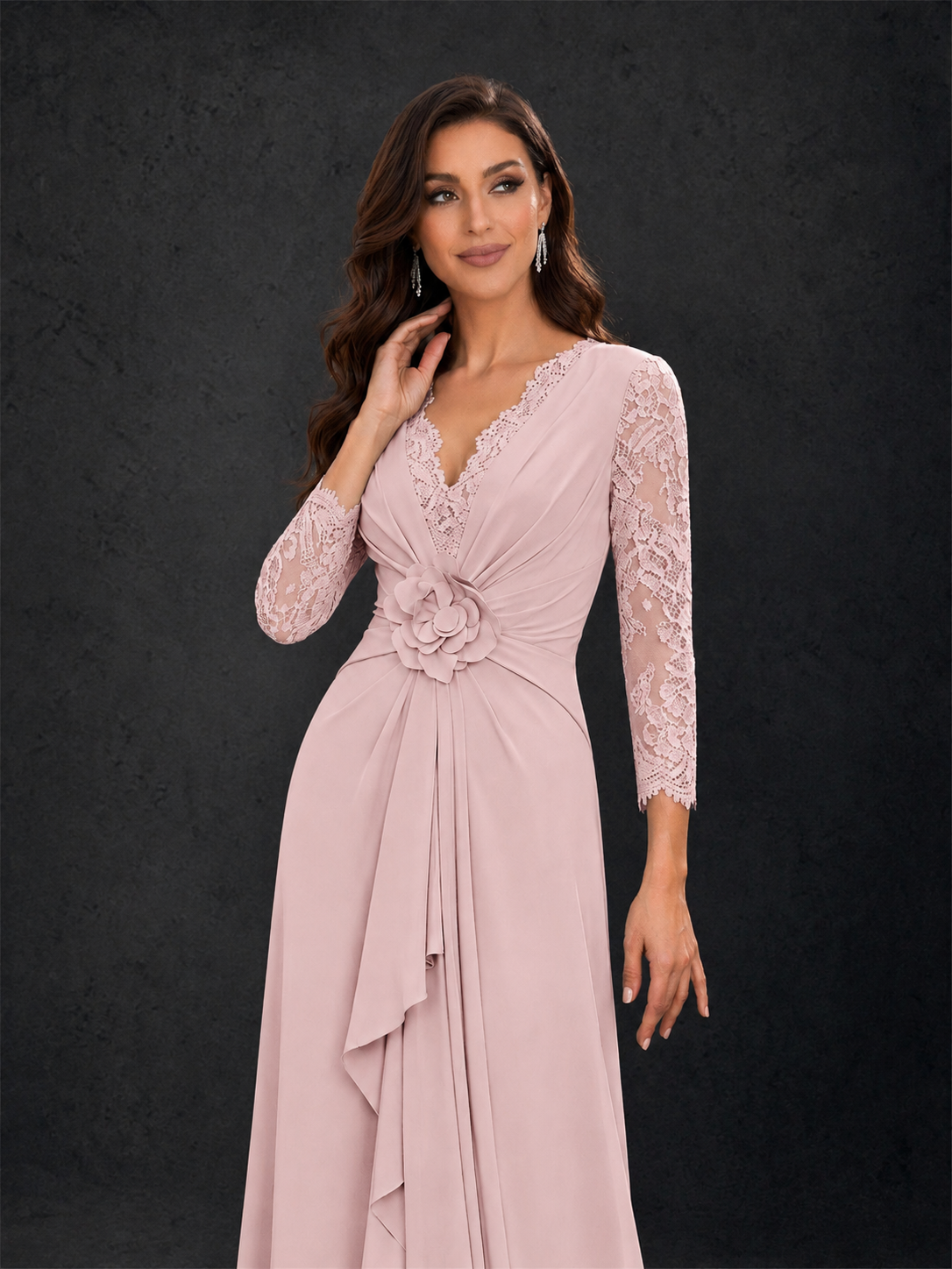 BOLODOO Blush Pink Lace Sleeve V-Neck Floral Waist Chiffon A-Line Maxi Dress - Blush Pink