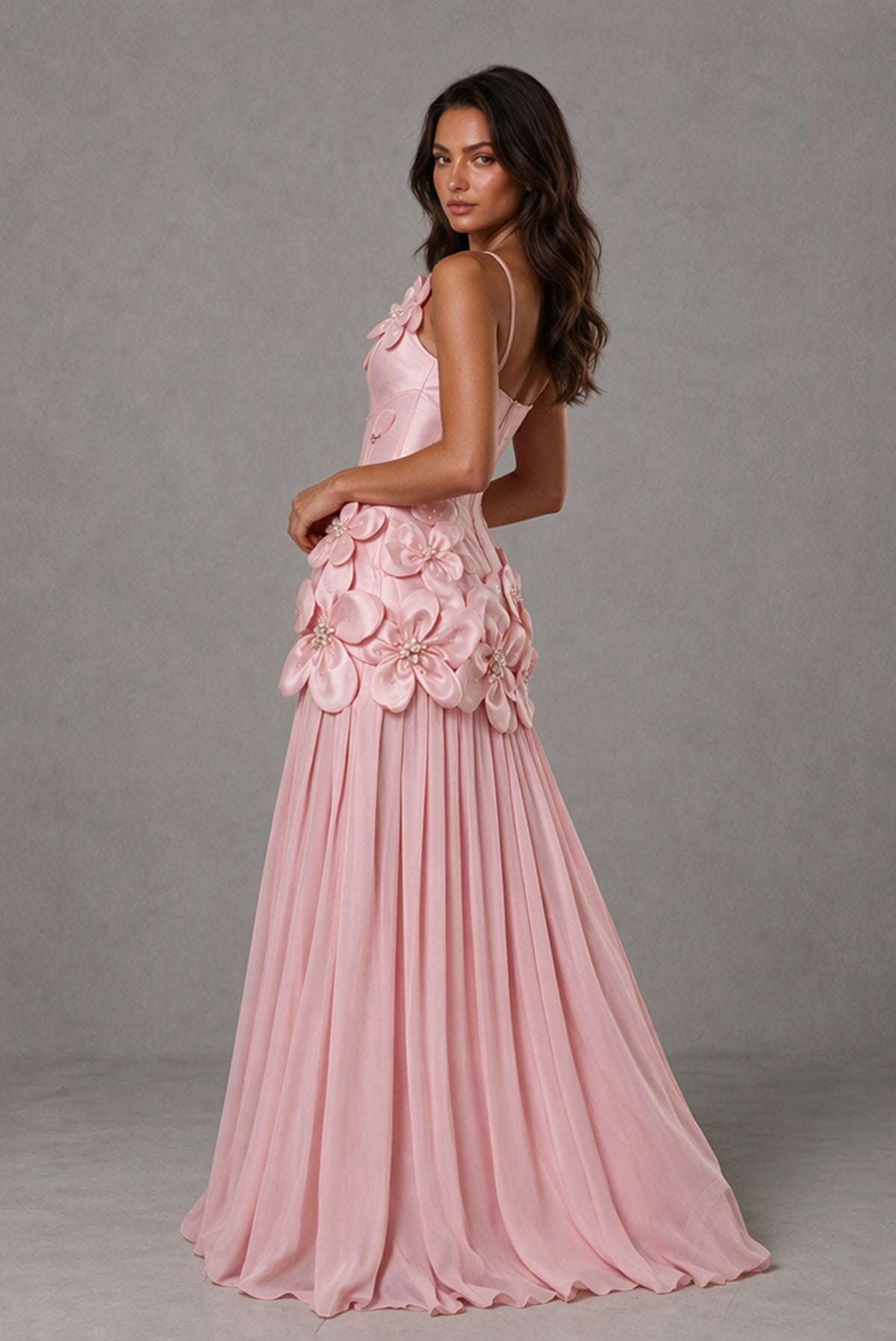 BOLODOO Blush Pink 3D Floral Appliqué Floor-Length A-Line Evening Gown - Blush Pink