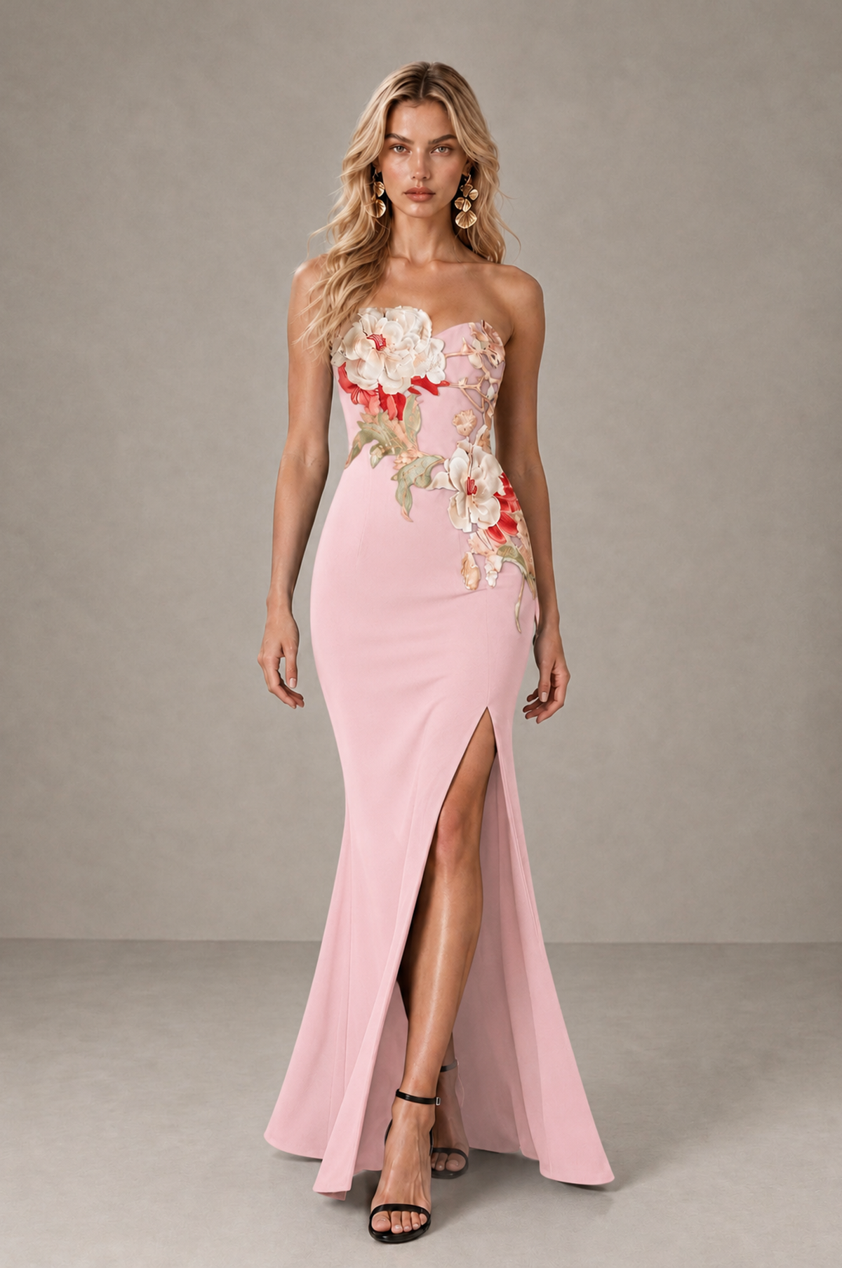 BOLODOO Blush Pink Strapless Floral Mermaid Evening Dress with Slit - Blush Pink - Blush_Pink_3
