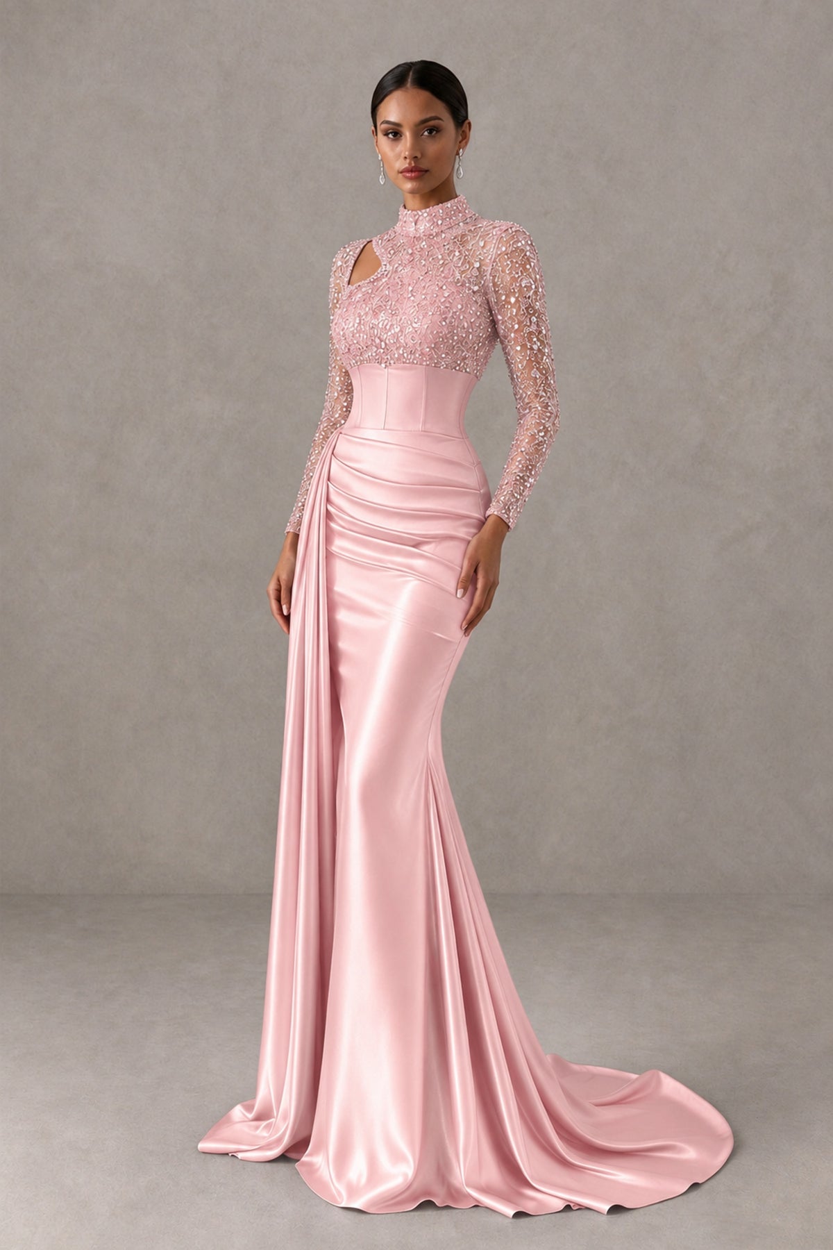 BOLODOO Blush Pink Long Sleeve Embellished Satin Mermaid Evening Gown - Blush Pink - Blush Pink_3