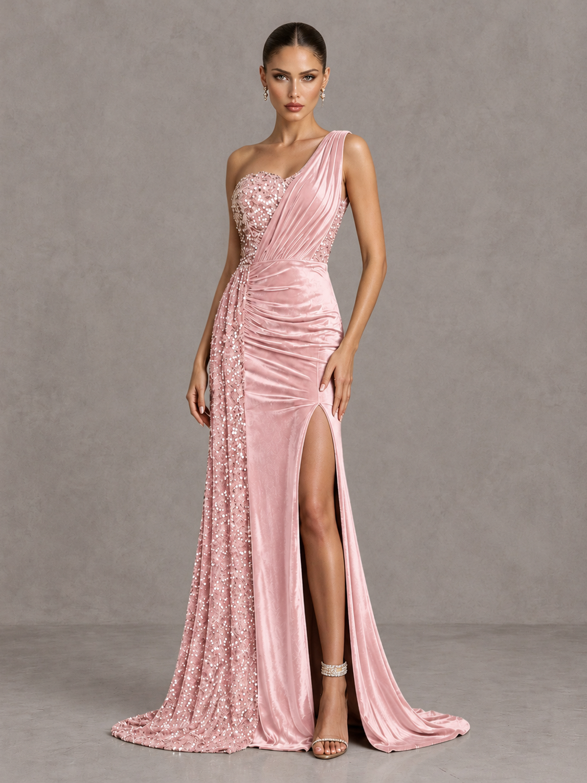 BOLODOO Blush Pink One-Shoulder Satin Sequin Gown with High Slit - Blush Pink - Blush Pink_3