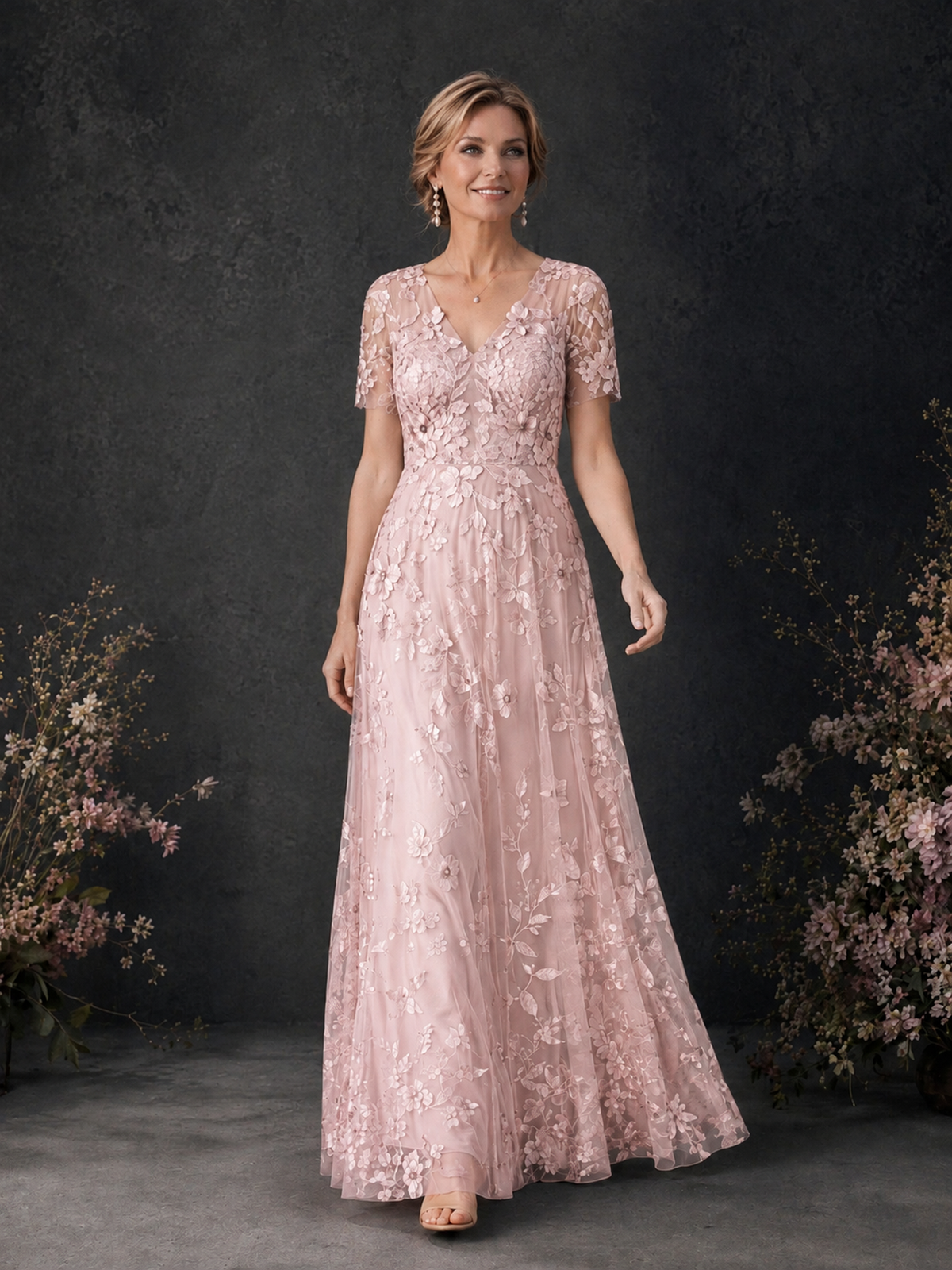 BOLODOO Blush Pink 3D Floral Embroidered Lace V-Neck Short Sleeve A-Line Maxi Dress - Blush Pink