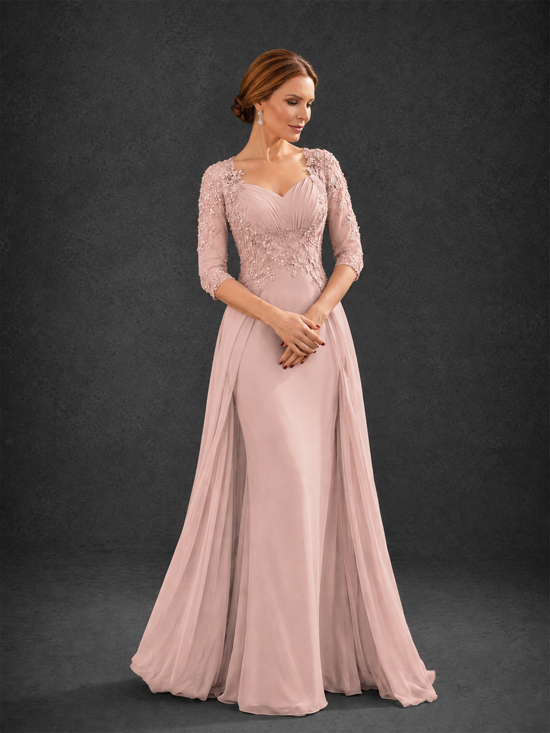 BOLODOO Blush Pink Sweetheart Neck 3/4 Sleeve Floral Lace Illusion Bodice Chiffon A-Line Gown - Blush Pink