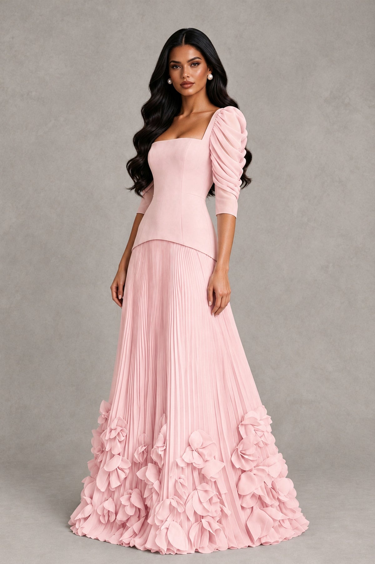 BOLODOO Blush Pink Square Neck Pleated Floral Applique Evening Dress - Blush Pink - Blush Pink_3
