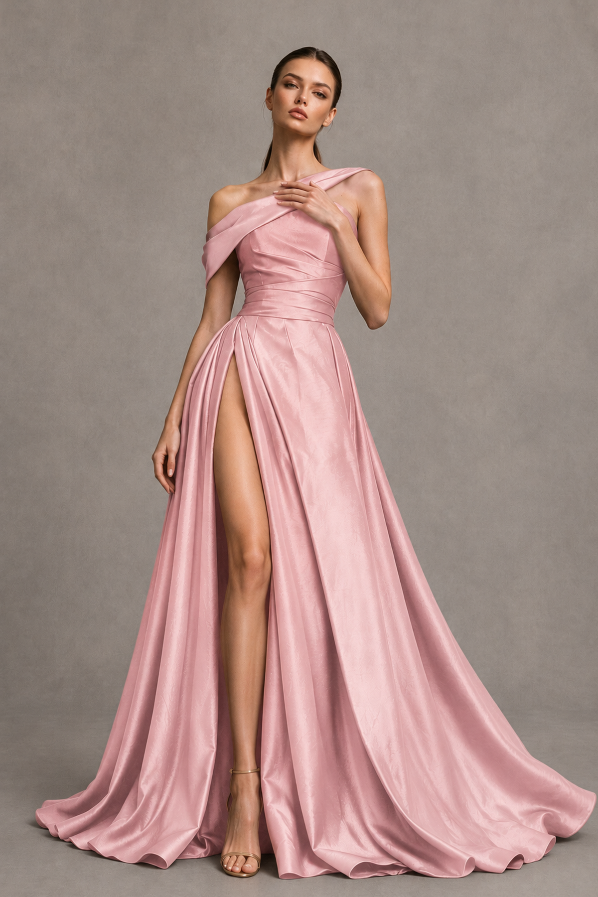 BOLODOO Blush Pink Asymmetric Satin-Look A-Line Prom Dress with High Slit - Blush Pink - Blush Pink_3